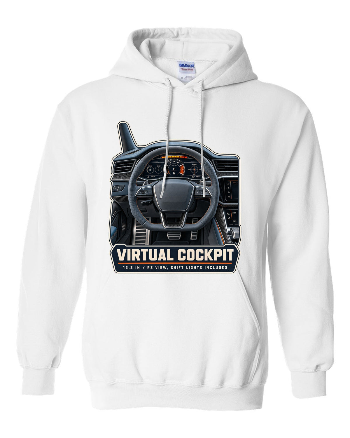 Audi RS7 Sportback C8 virtual cockpit gauge cluster print design white pull over hoodie front view with the design