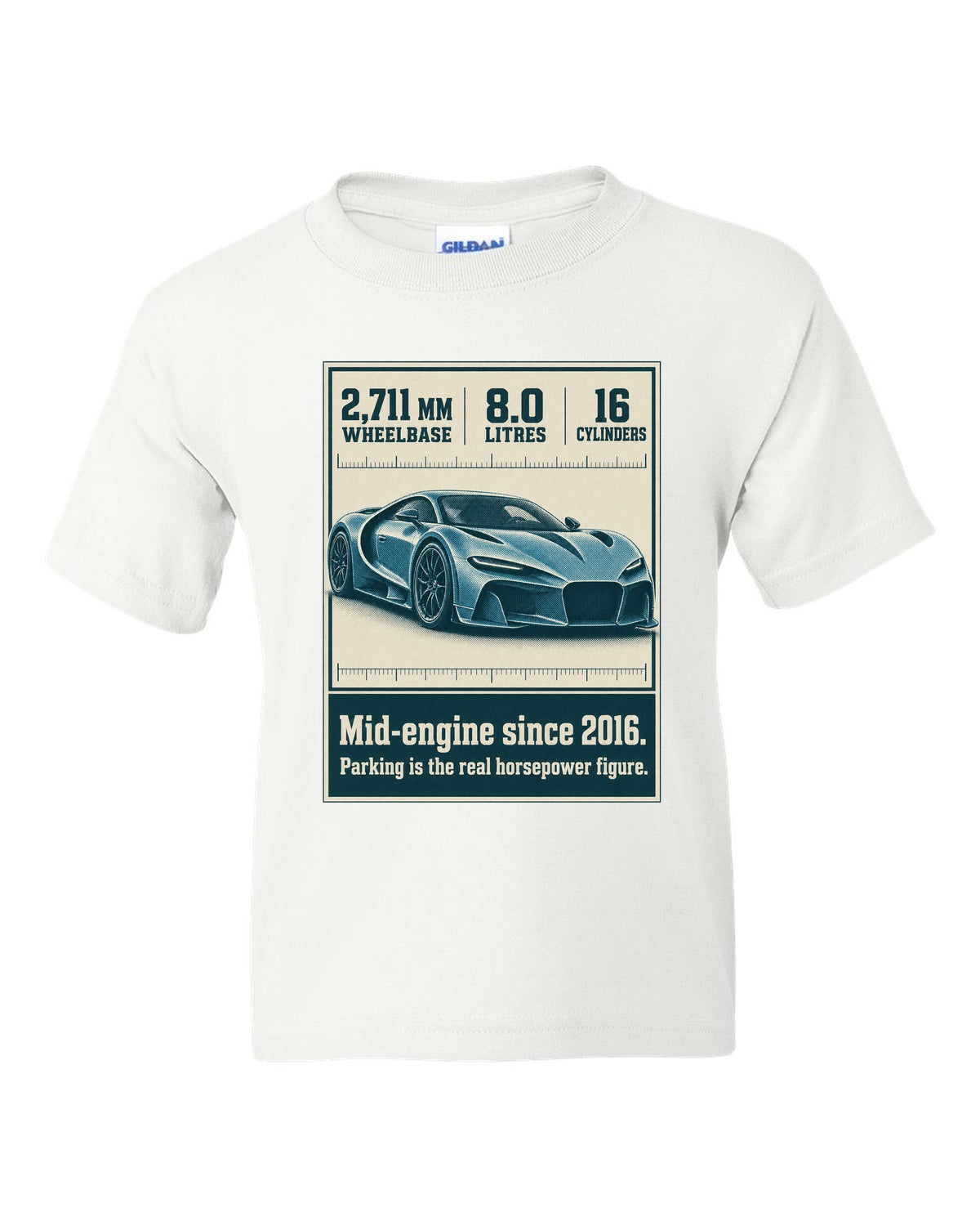 Bugatti Chiron Sport halftone print with wheelbase and engine facts white kids tee front view with the design