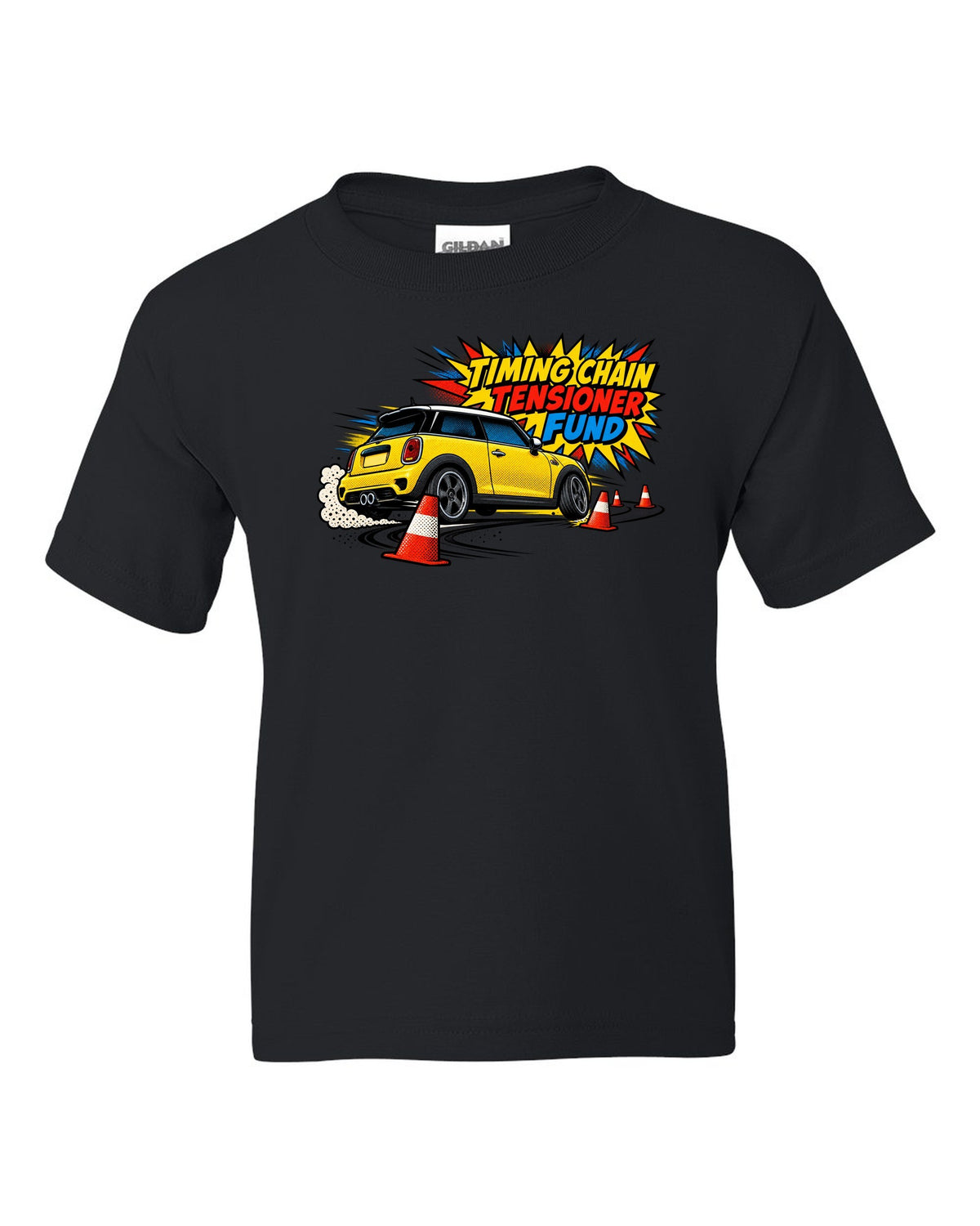 Comic halftone print of a Mini Cooper S R56 in a cone slalom with timing chain tensioner fund text black kids tee front view with the design