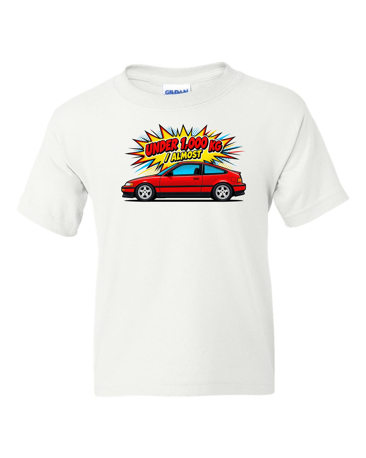 Pop-art Ben-Day halftone print of a Honda CRX EF8 Si with under 1,000 kg almost text white kids tee front view with the design