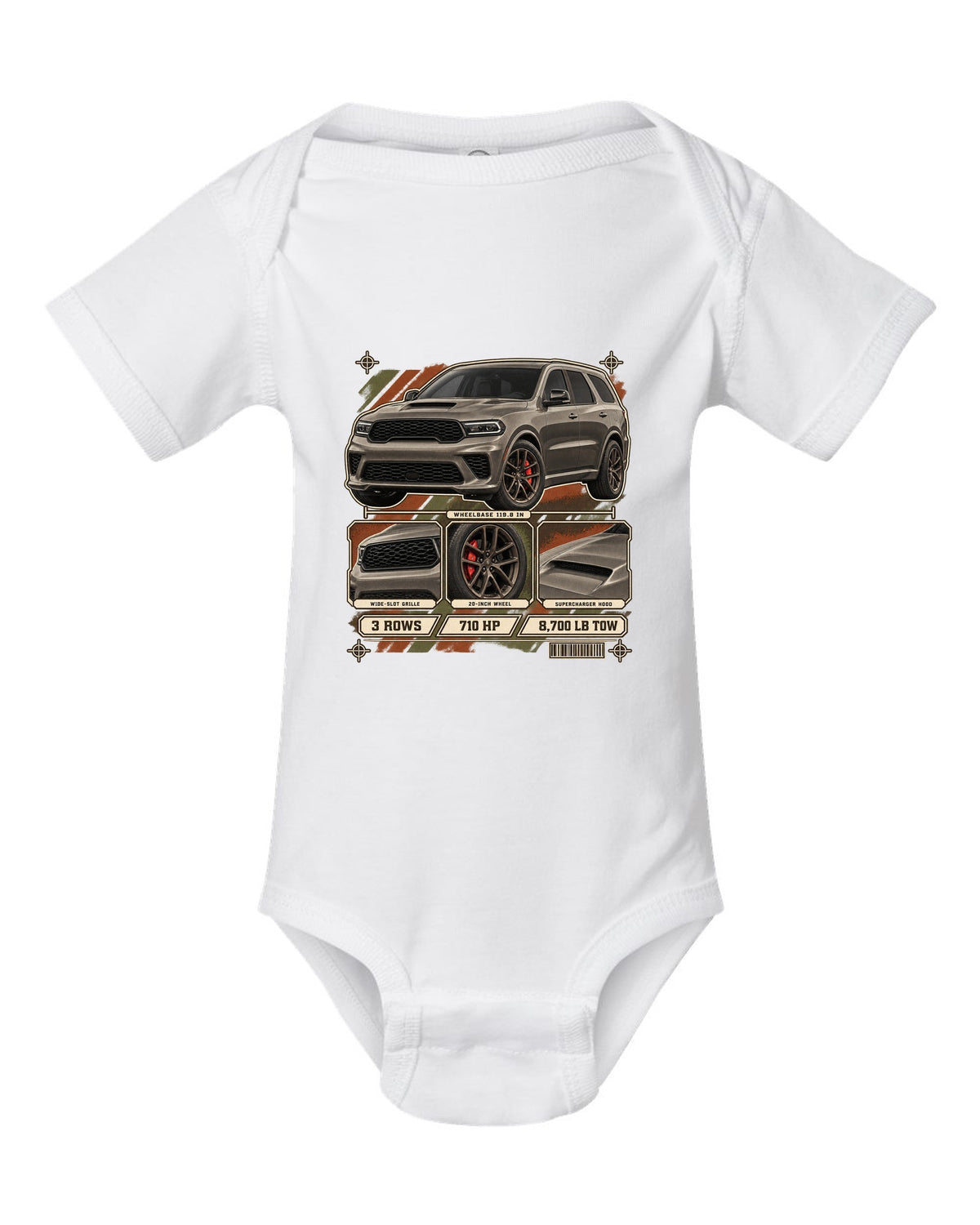 print of a 2021 Dodge Durango SRT Hellcat with spec dossier panels white baby onesie front view with the design