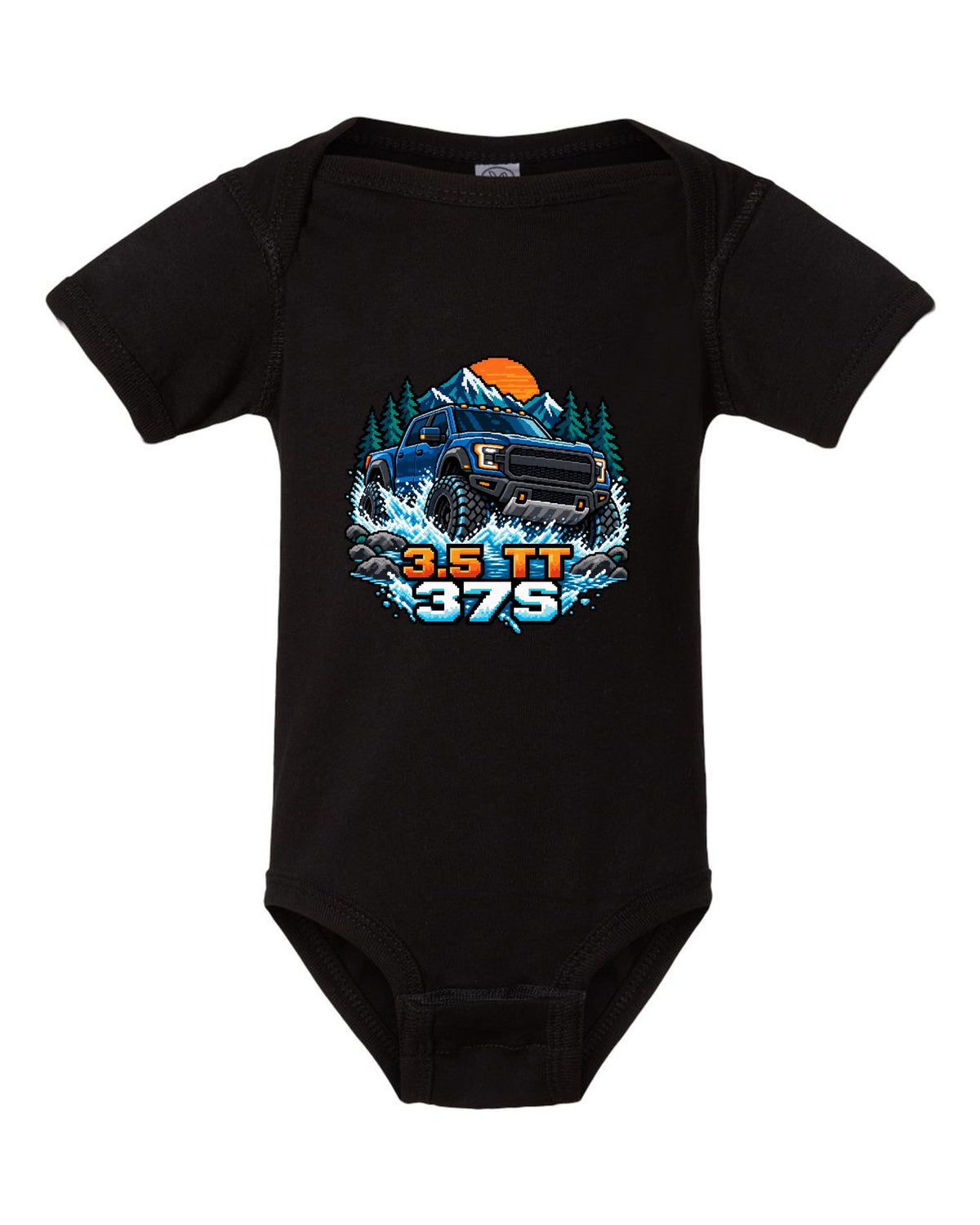 8/16-bit pixel art print of a Ford F-150 Raptor Gen 3 P702 crossing a river black baby onesie front view with the design