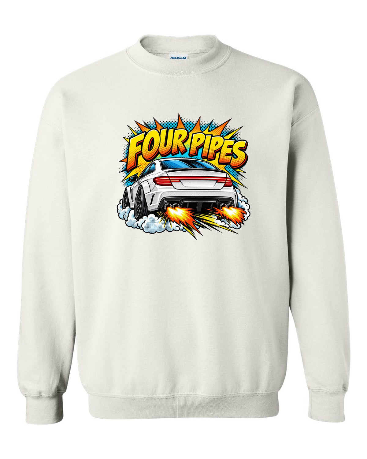 Comic halftone pop-art of the exhaust end of a Mercedes C63 Coupe C204 white crewneck front view with the design