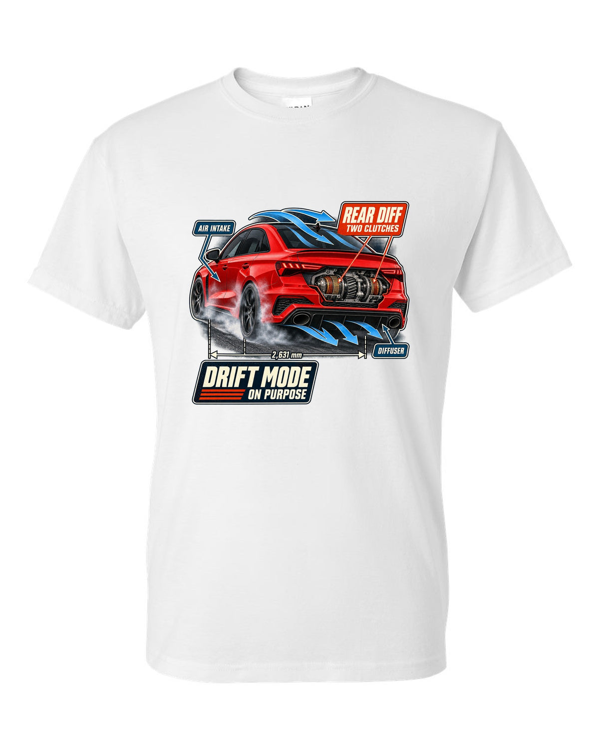 Cutaway callouts on an Audi RS3 8Y sedan showing rear diff and two clutches white t-shirt front view with the design