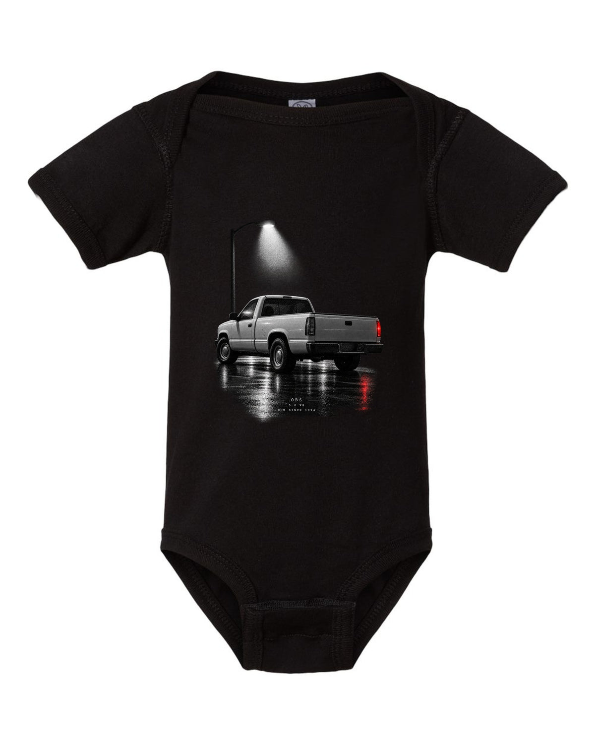 Night garage print of a 1992-97 Ford F-150 OBS truck with 5.0 V8 lettering black baby onesie front view with the design