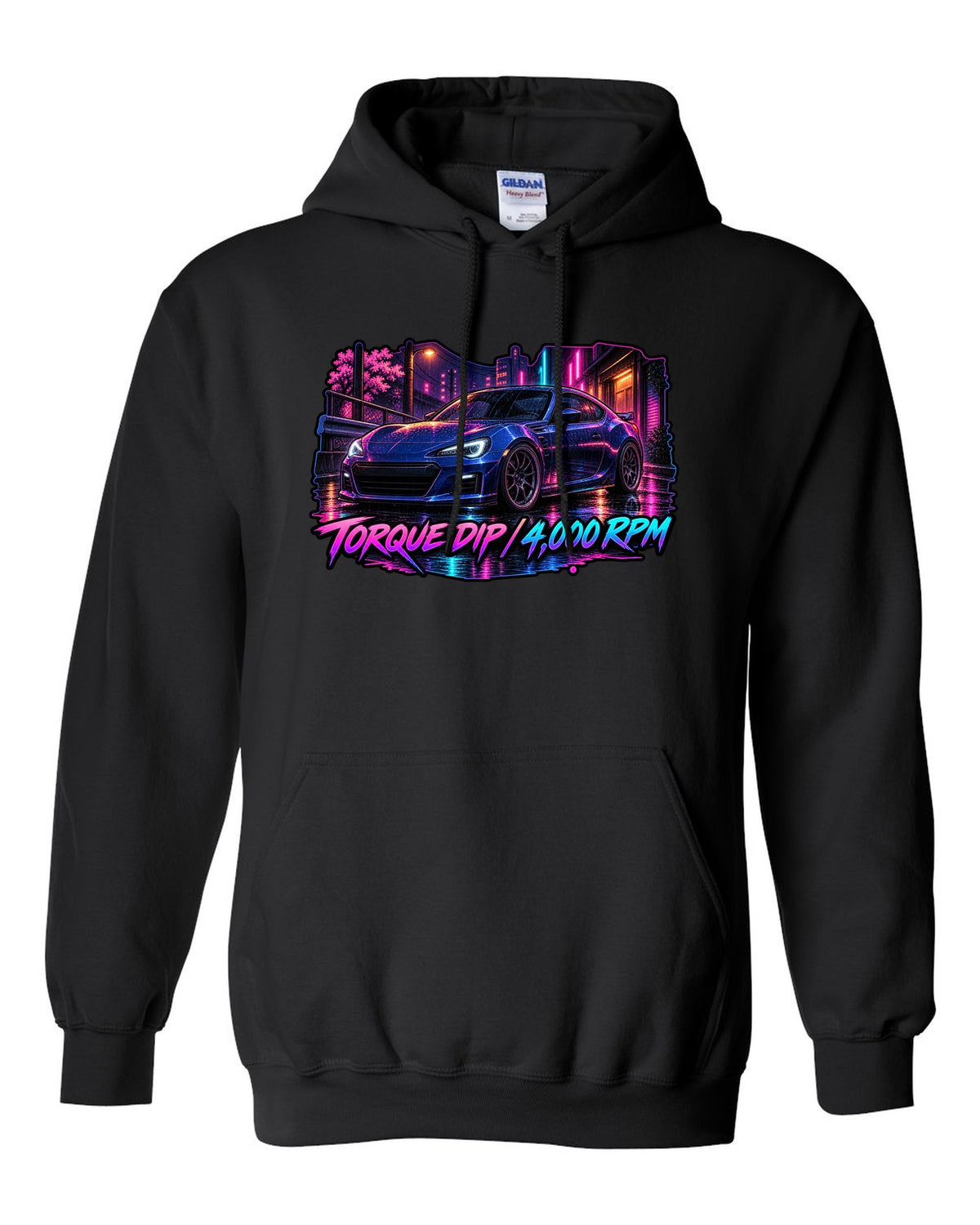 Spray-paint graffiti style Subaru BRZ ZD8 drifting with FA24 2.4L dip fixed text black pull over hoodie front view with the design