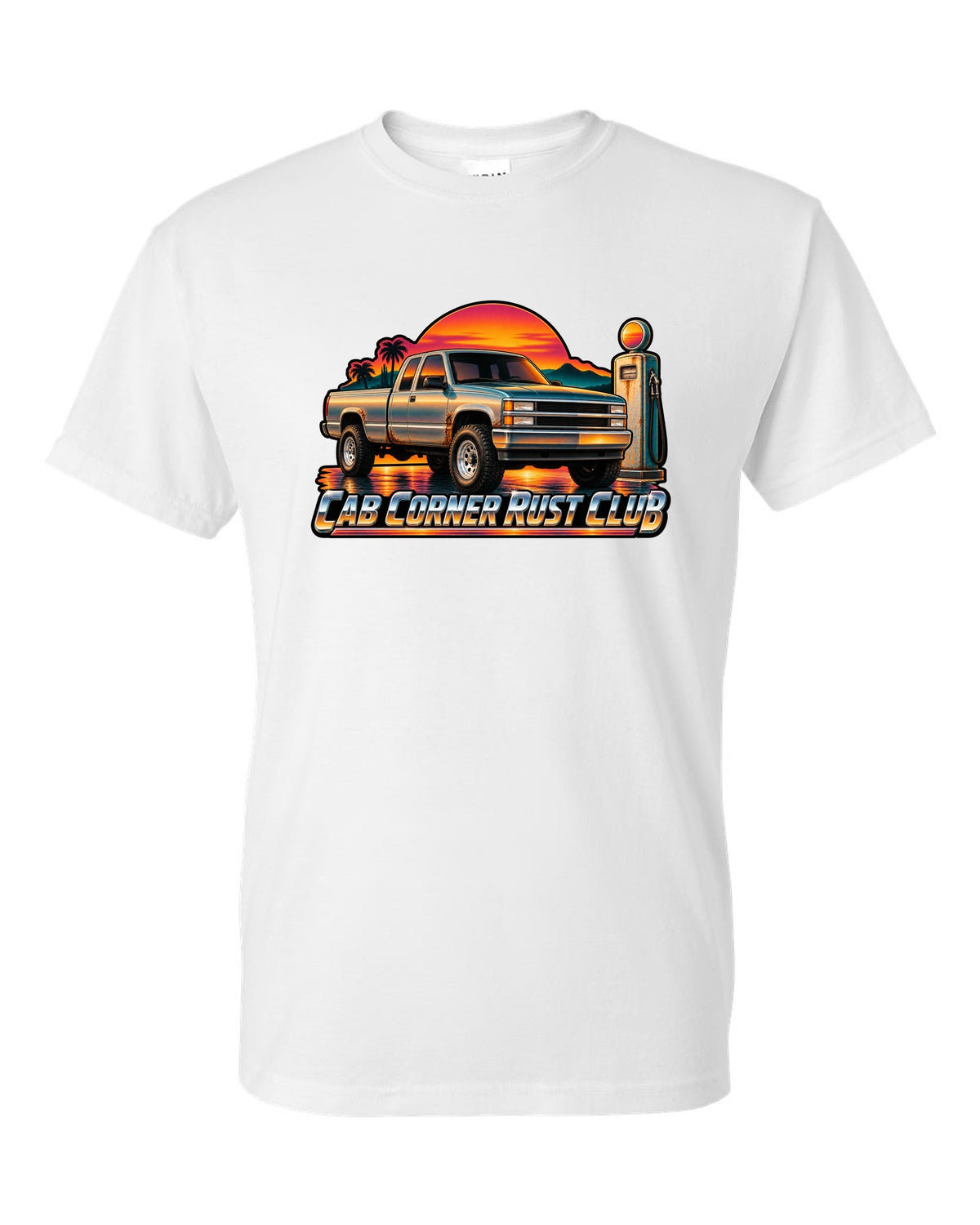 70s airbrush sunset gas pump print of a 1988-1998 Chevrolet OBS Silverado with Cab Corner Rust Club text white t-shirt front view with the design