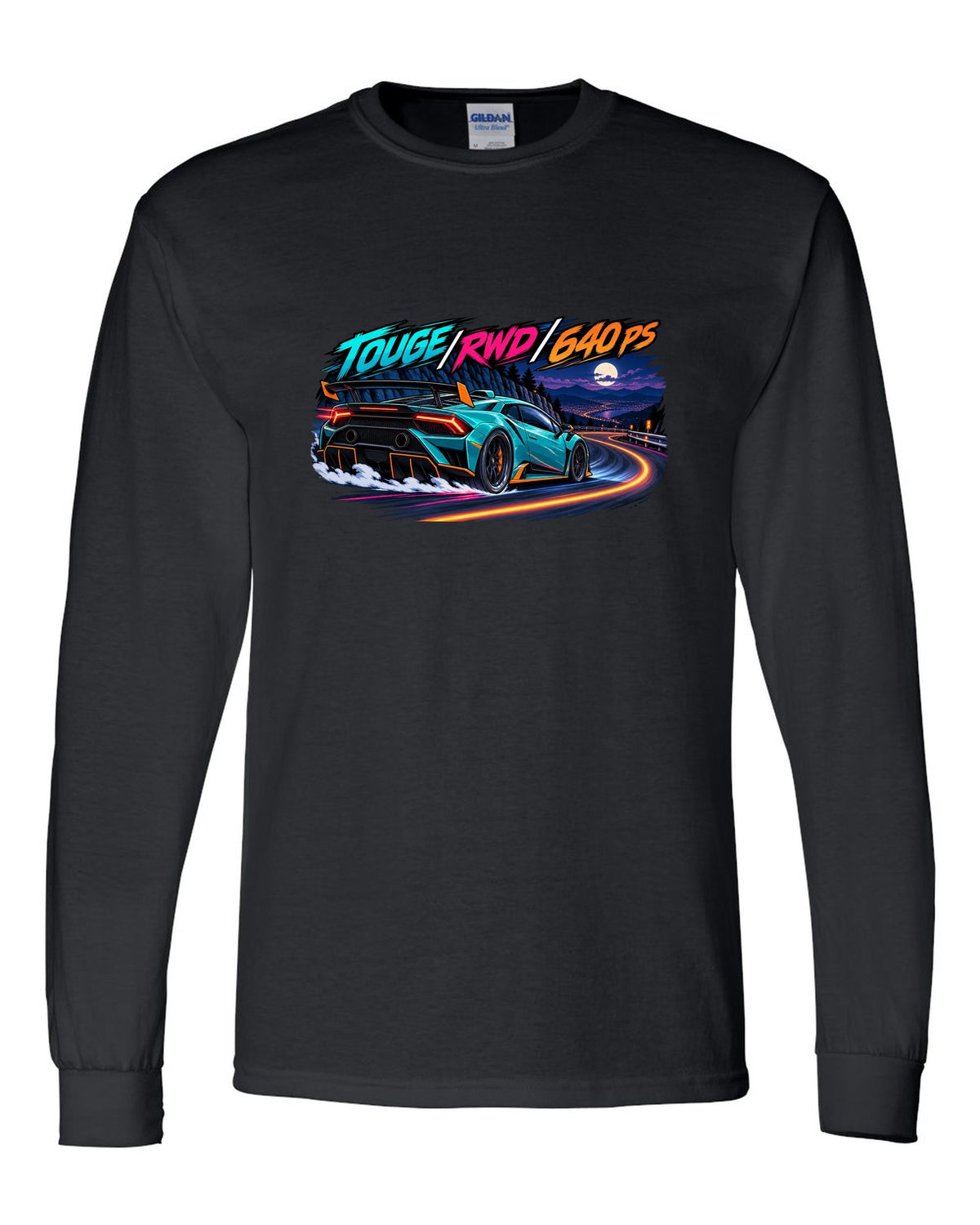 Cel-shaded anime night touge scene with a Lamborghini Huracan STO LP640-2 and text TOUGE / RWD / 640 PS black long sleeve front view with the design