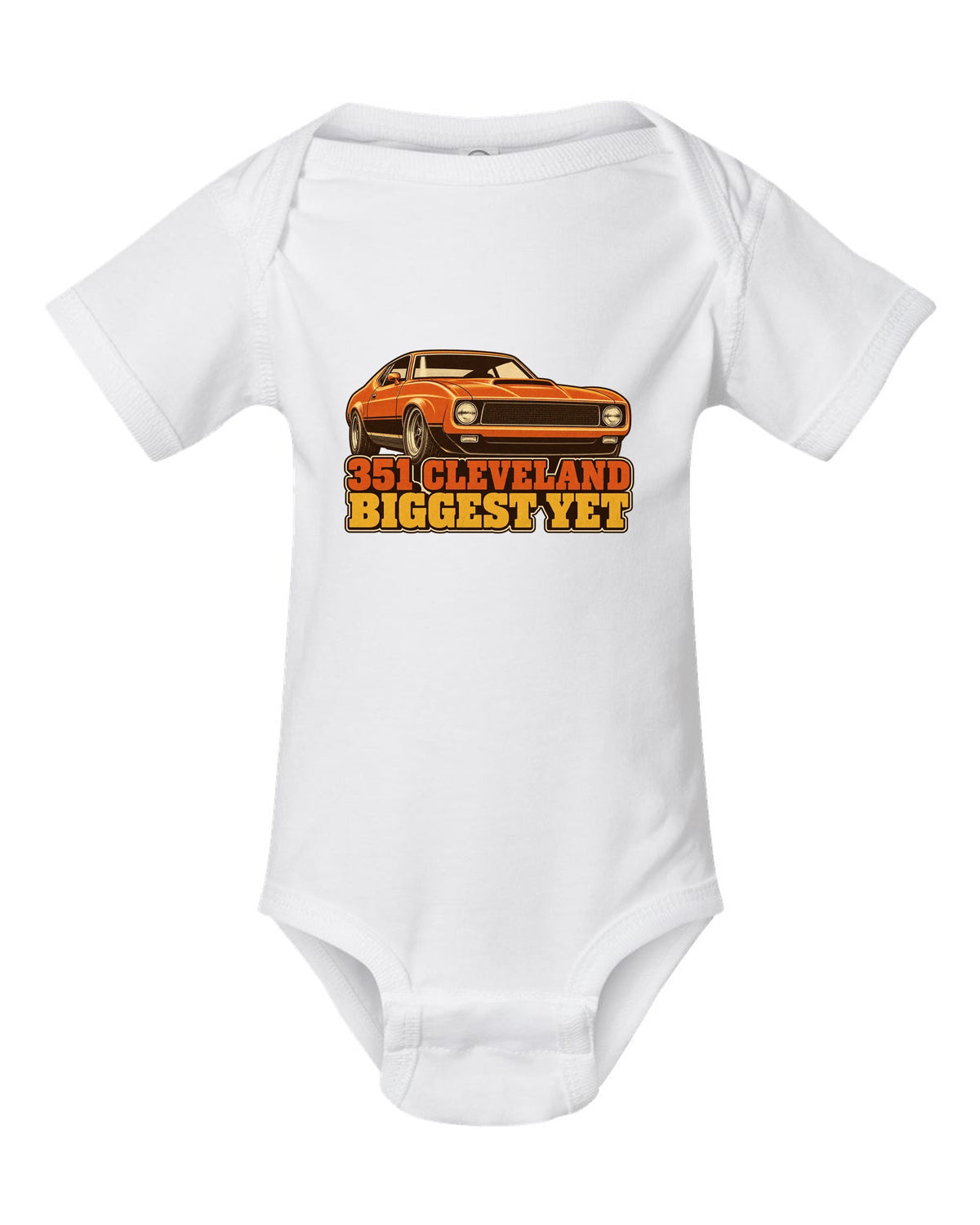 Vintage 70s race poster print of a 1971 Ford Mustang fastback with 351 Cleveland text white baby onesie front view with the design