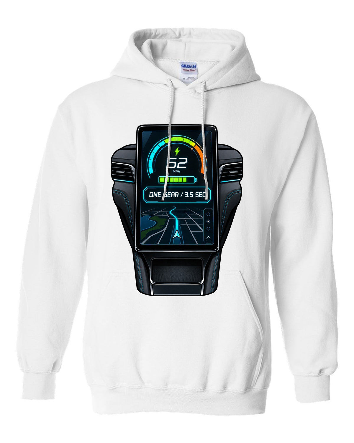 Round embroidery-style crest print for the 2020 Mustang Mach-E CX727 reading 88 kWh Extended Range white pull over hoodie front view with the design