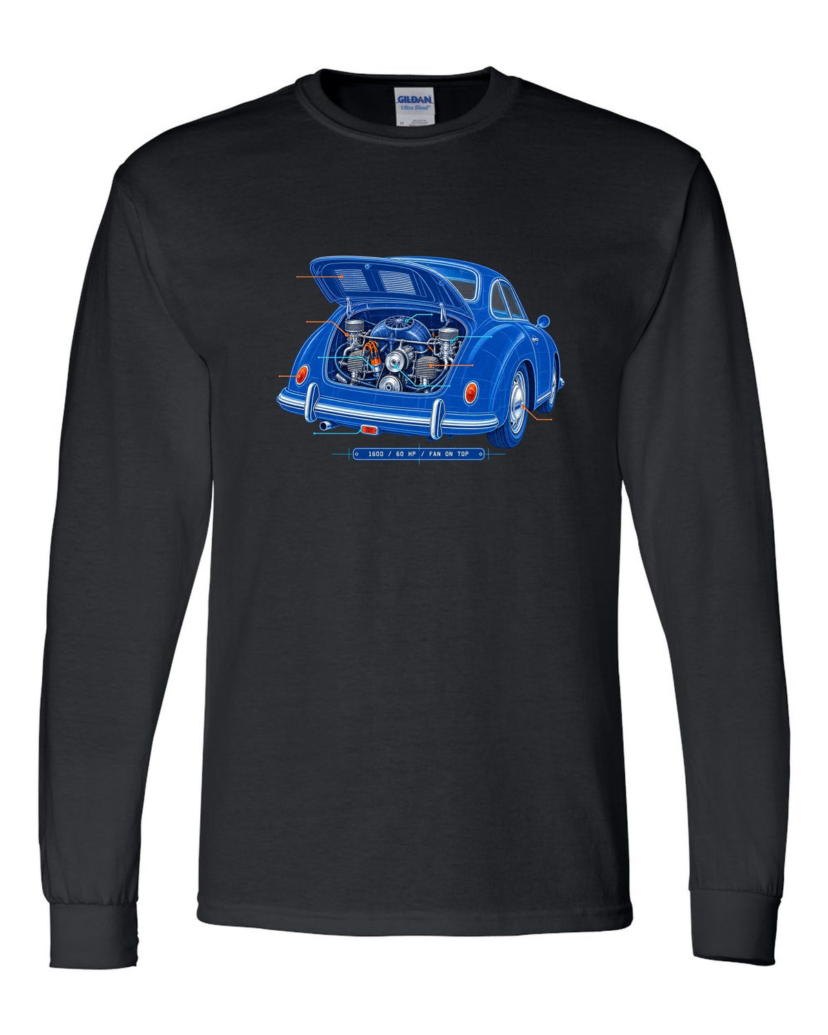 Linocut print of a 1978 Porsche 911 SC Targa in a night garage with the text SC Targa, 180 PS and 3.0 black long sleeve front view with the design