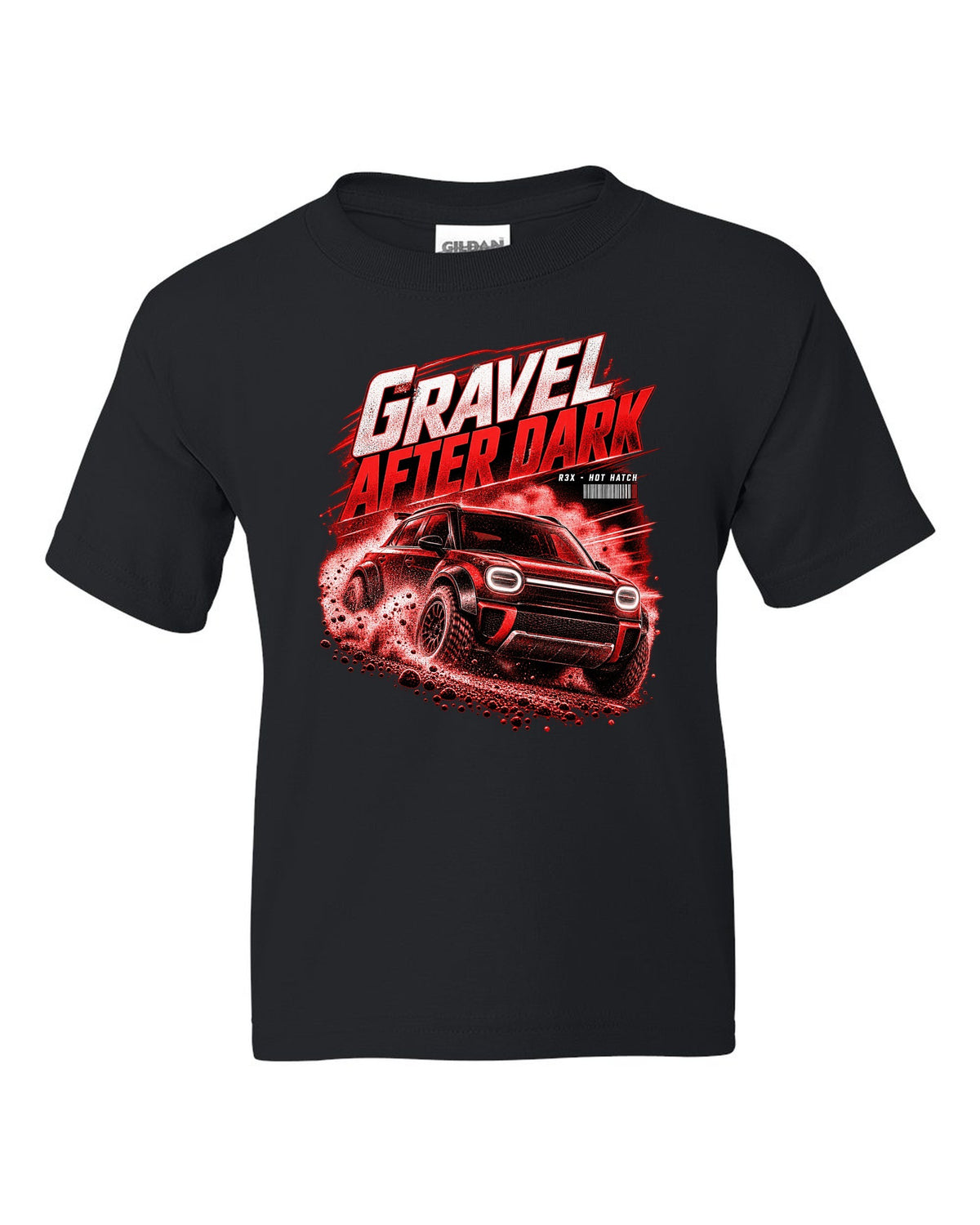 Rivian R3X hot ch with rally flares on a gravel road at night black kids tee front view with the design