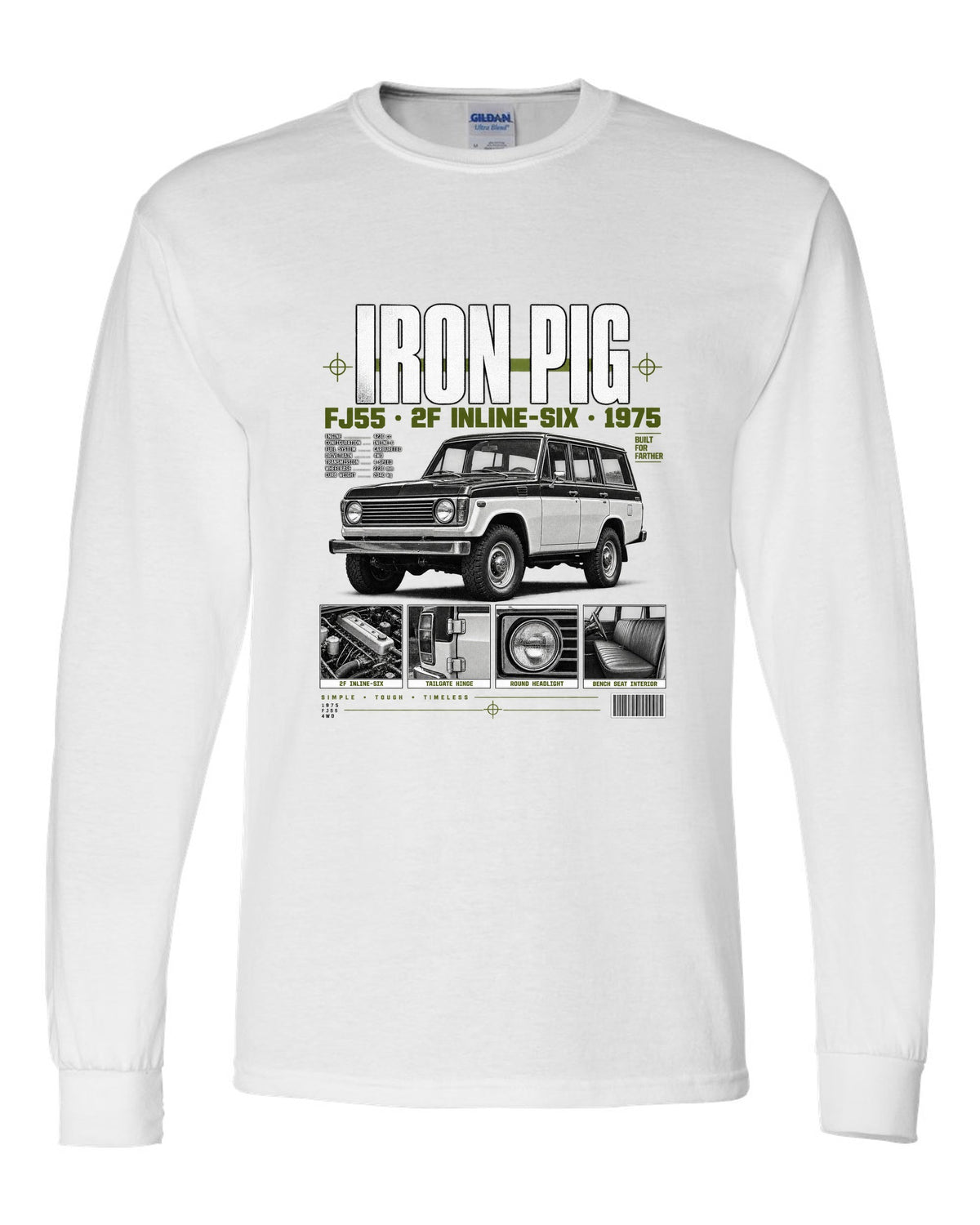 Dossier panel print of a Toyota Land Cruiser FJ55 wagon with Iron Pig and 2F text white long sleeve front view with the design
