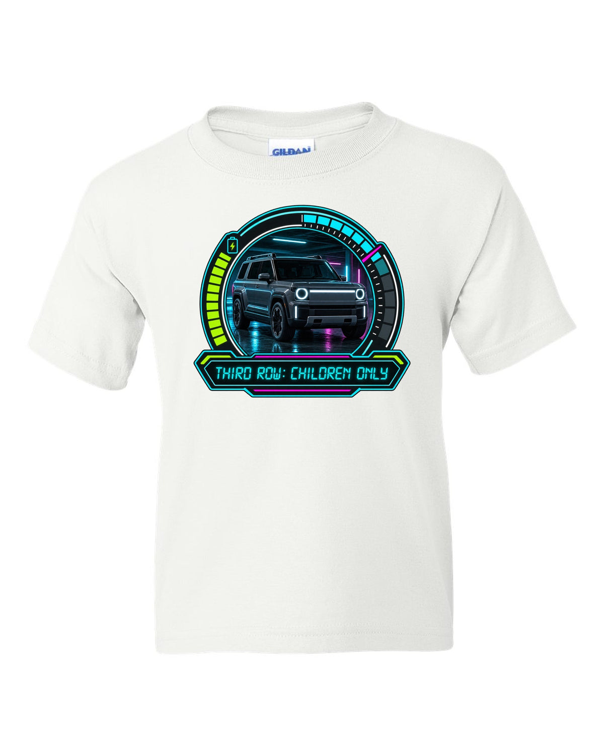 Rivian R1S dashboard gauge cluster HUD print with the text third row children only white kids tee front view with the design