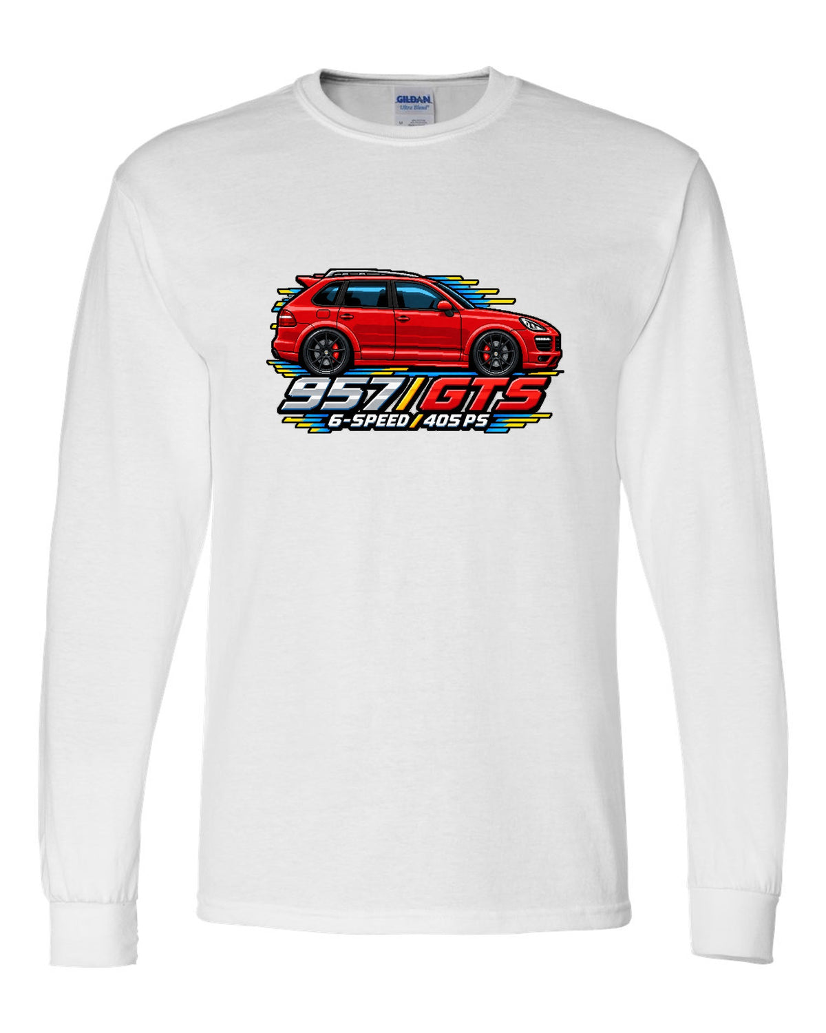 16-bit pixel art design of the Porsche Cayenne GTS 957 with 6-speed and 405 PS lettering white long sleeve front view with the design