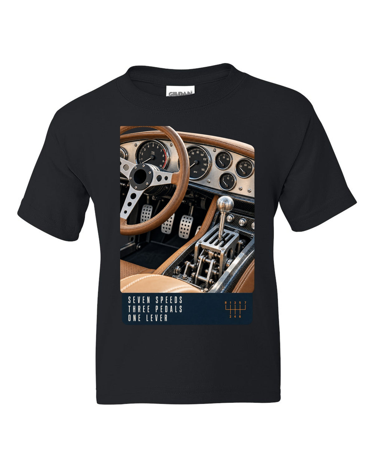 print of the Pagani Utopia manual cockpit and gated shifter black kids tee front view with the design