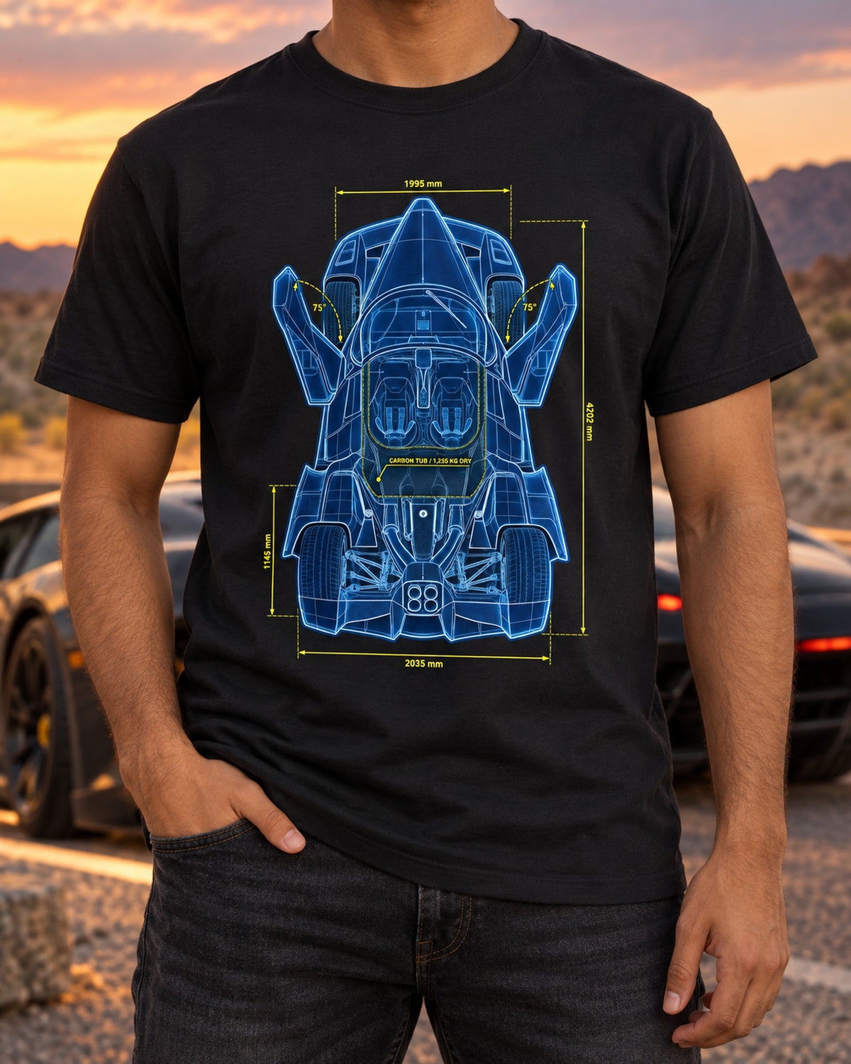 Ferrari Enzo F140 Quad Exhaust Top Plan Blueprint Shirt T-Shirt Black worn hero