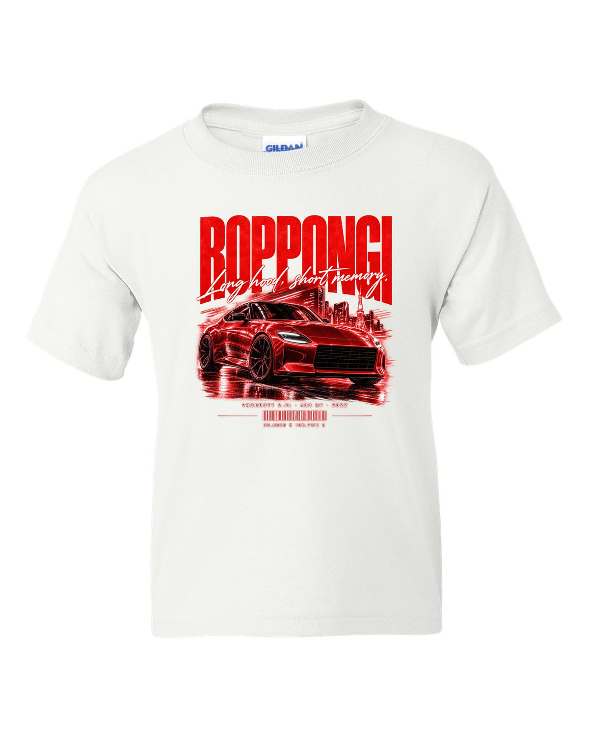 Street poster print of a Nissan Z RZ34 with Roppongi coordinates and VR30DDTT text white kids tee front view with the design