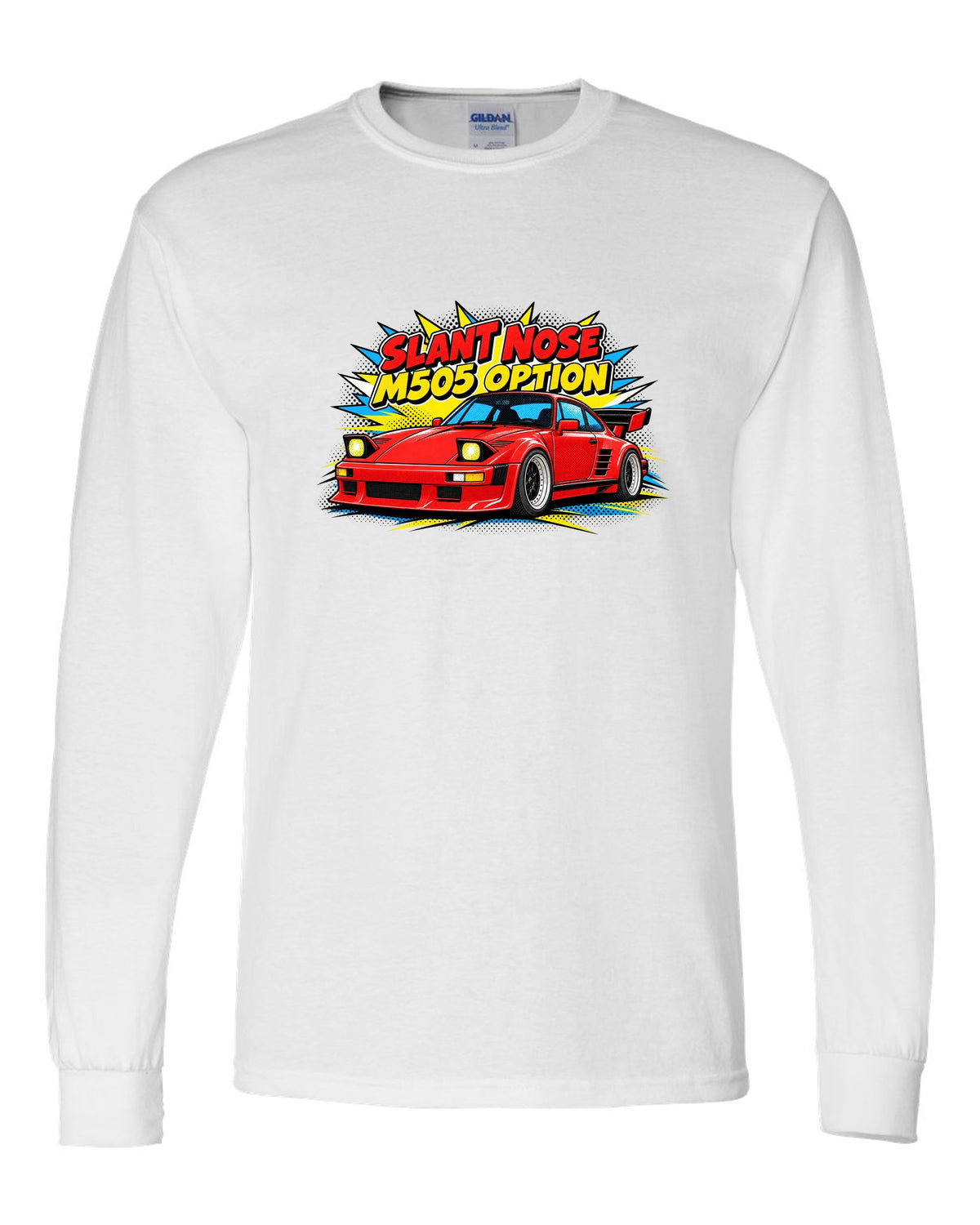 Porsche 930 Slant Nose pop-art halftone design with M505 option lettering white long sleeve front view with the design