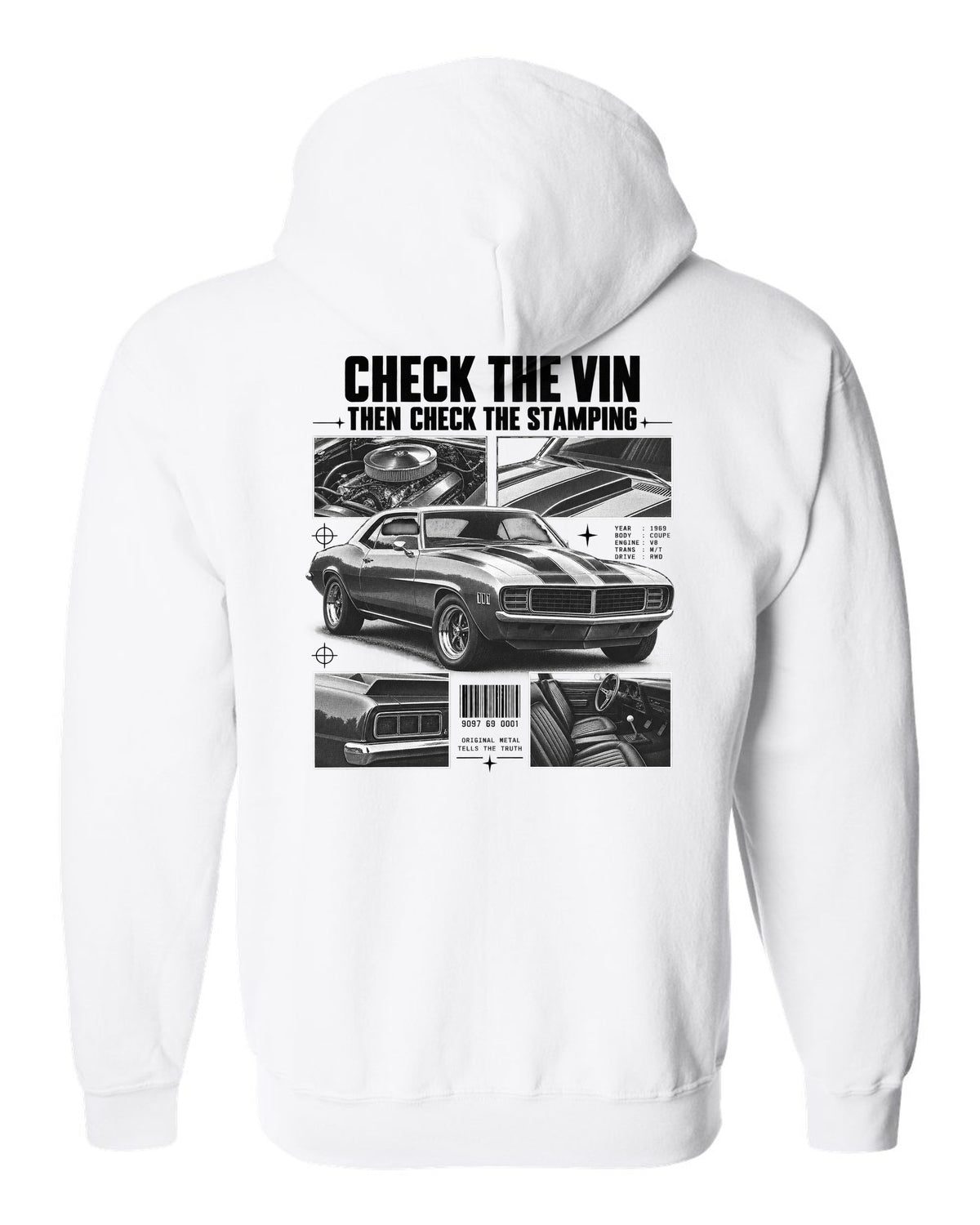 Dossier-panel print of a 1969 Chevrolet Camaro with check the VIN and stamping text white zip hoodie back view with the design