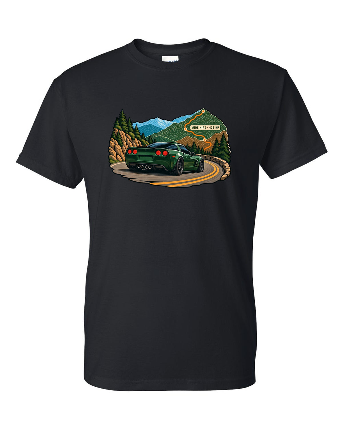 Topographic contour map print of a 2010 Chevrolet Corvette C6 Grand Sport with Wide Hips 436 HP text black t-shirt front view with the design
