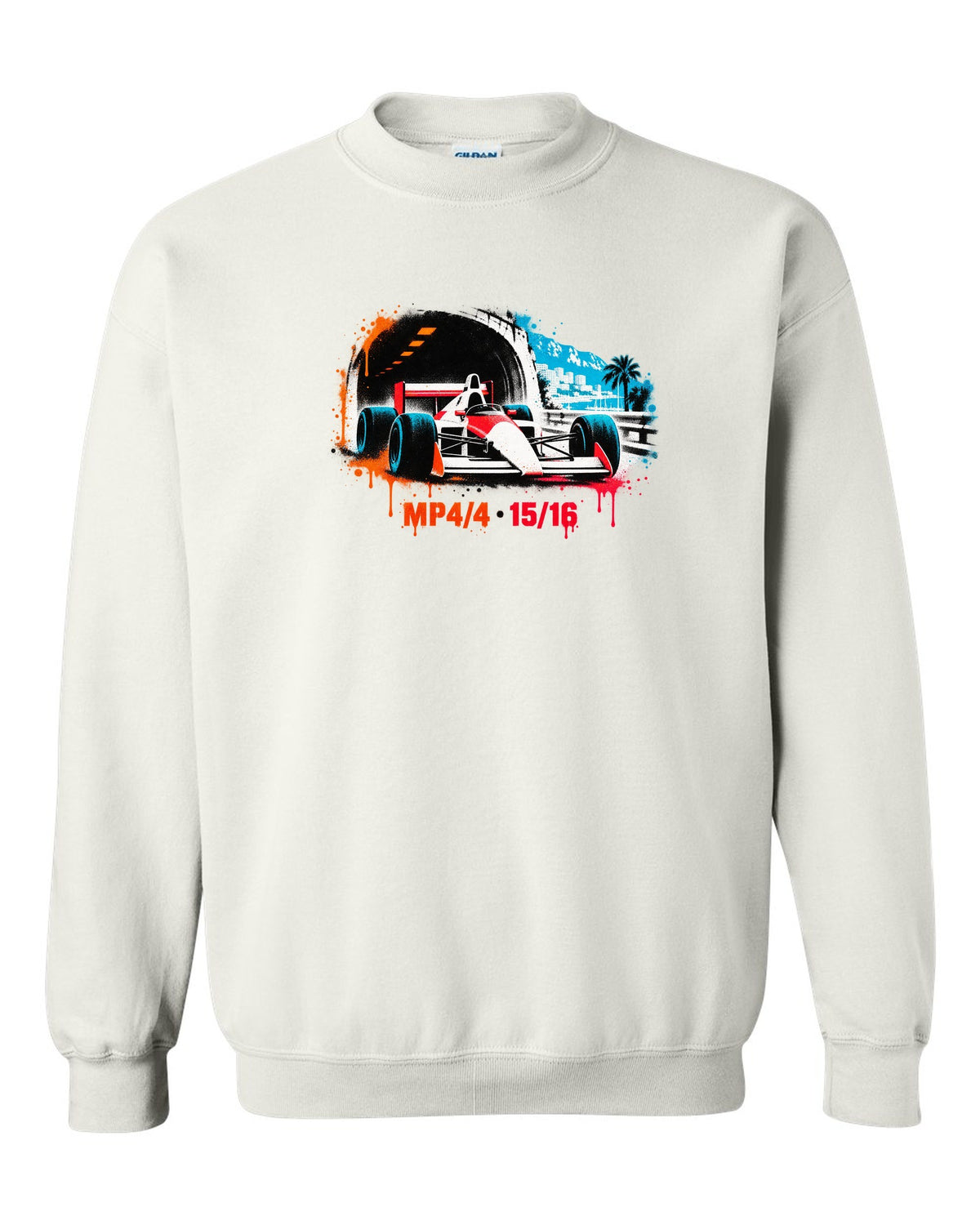 Stencil spray art of the McLaren MP4/4 Formula 1 car with 15/16 lettering white crewneck front view with the design