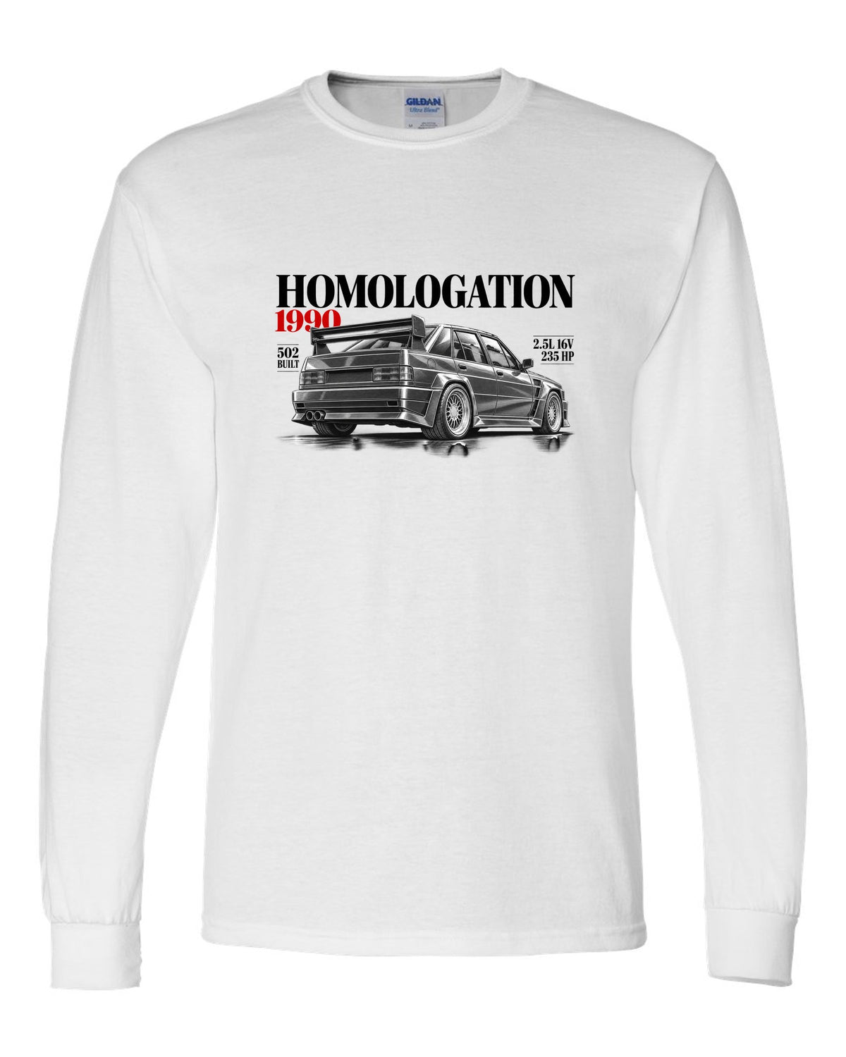 print editorial headline of a Mercedes 190E 2.5-16 Evolution II W201 with homologation 1990 502 built white long sleeve front view with the design