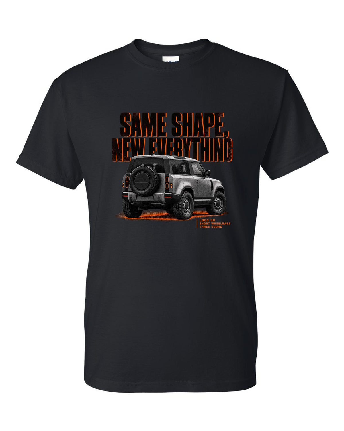 Land Rover Defender L663 90 halftone print with same shape new everything text black t-shirt front view with the design
