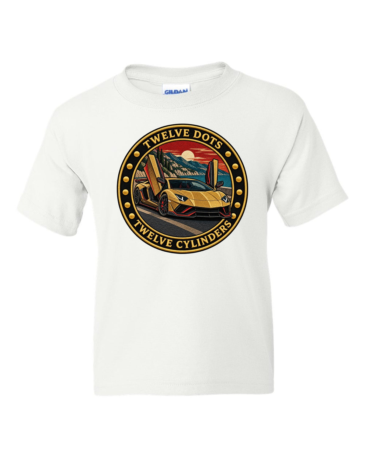 Embroidery-style round crest with a Lamborghini Aventador Ultimae LP780-4 and text TWELVE DOTS / TWELVE CYLINDERS white kids tee front view with the design