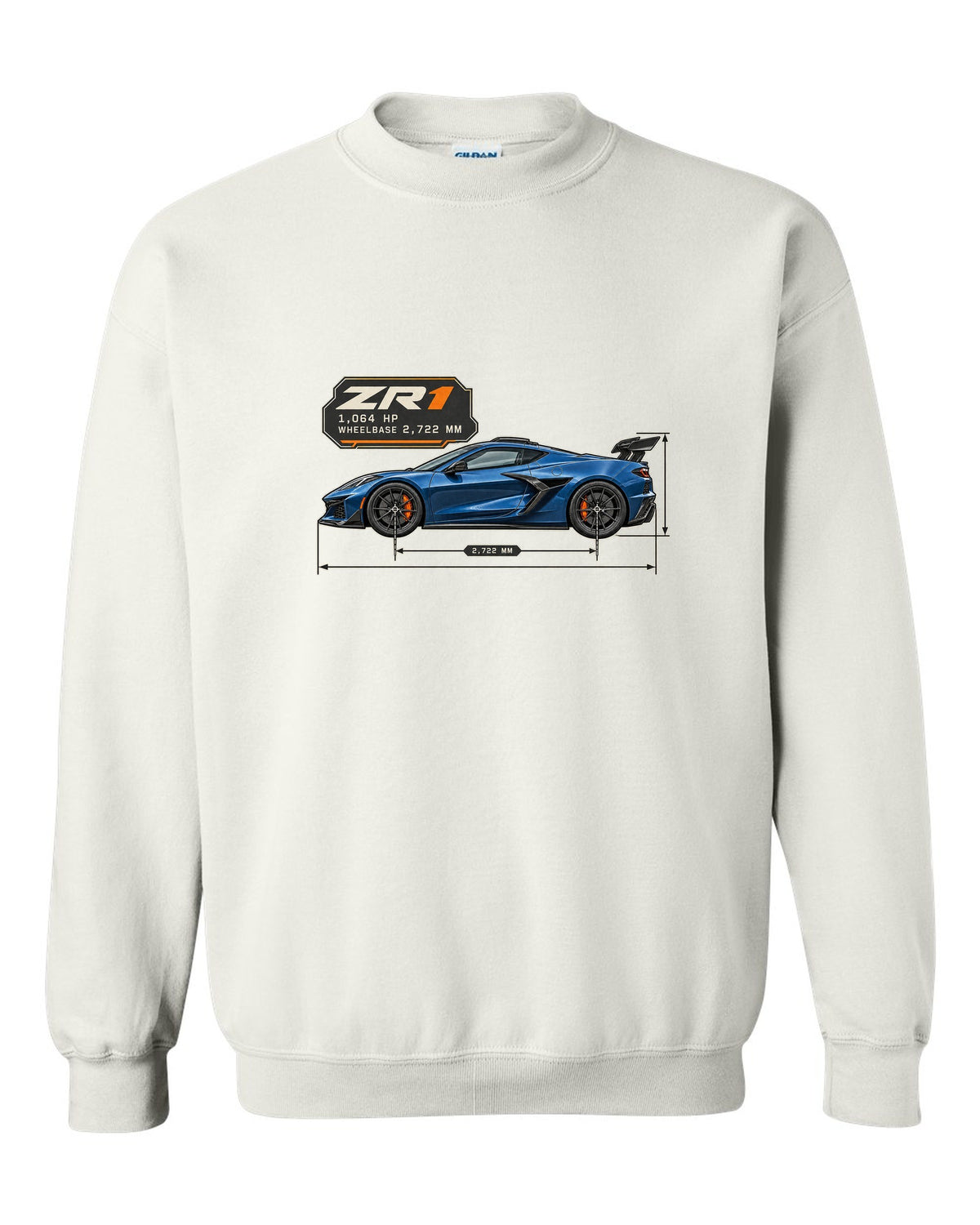 print of a Chevrolet Corvette C8 ZR1 2025 dimension blueprint with 1,064 HP and wheelbase text white crewneck front view with the design