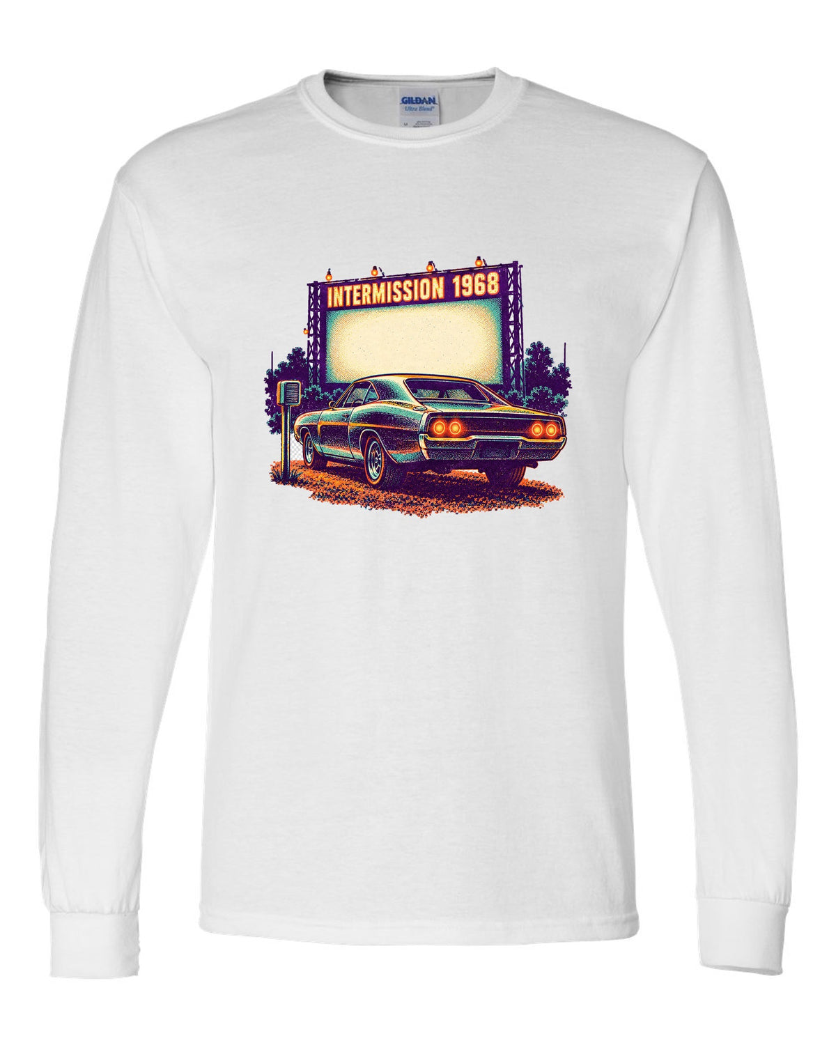 Risograph spot colour drive-in scene with a 1968 Dodge Charger R/T and INTERMISSION text white long sleeve front view with the design