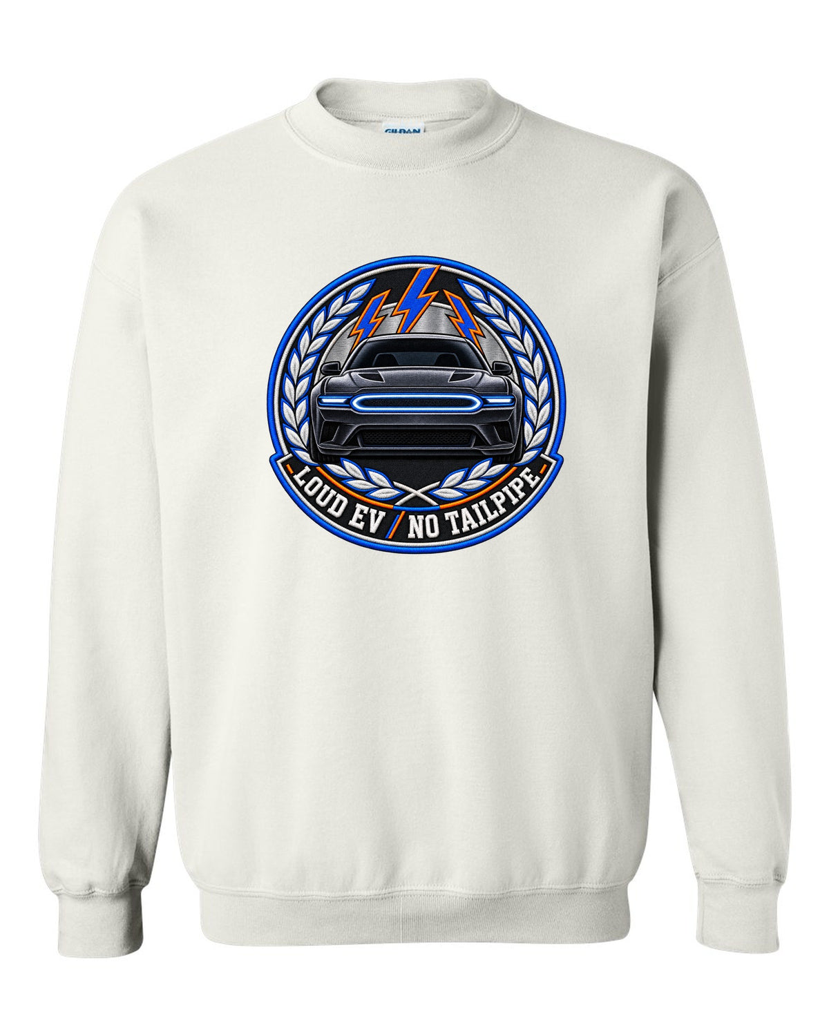 Embroidery-style varsity crest for the 2024 Dodge Charger Daytona EV with loud EV no tailpipe text white crewneck front view with the design