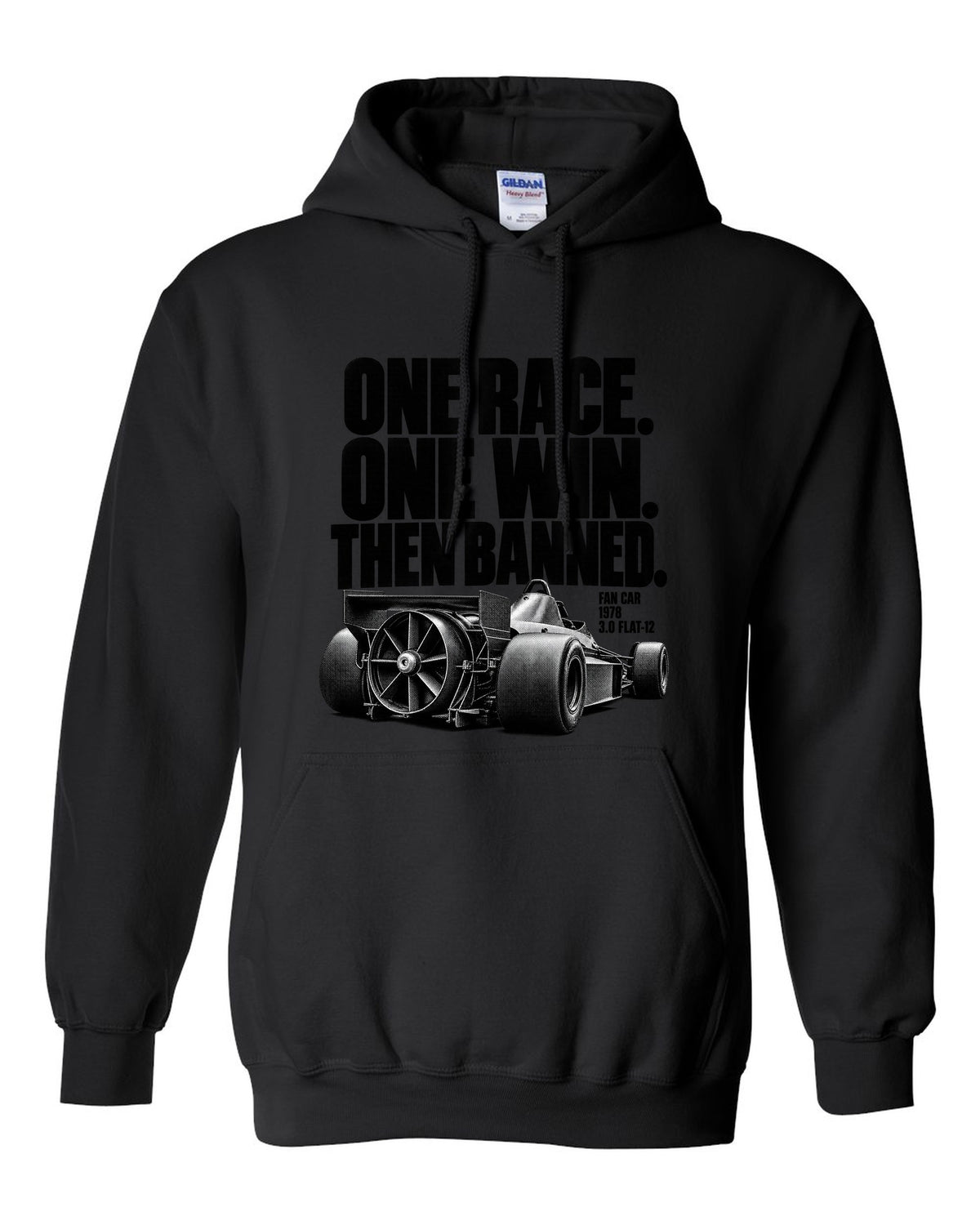 Brabham BT46B fan car halftone print with one race one win text black pull over hoodie front view with the design