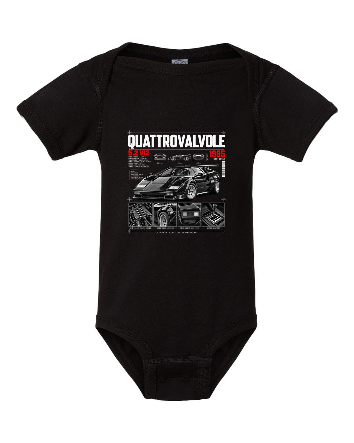 Dossier panel print of a Lamborghini Countach LP5000 QV with 5.2 V12 and 610 built text black baby onesie front view with the design