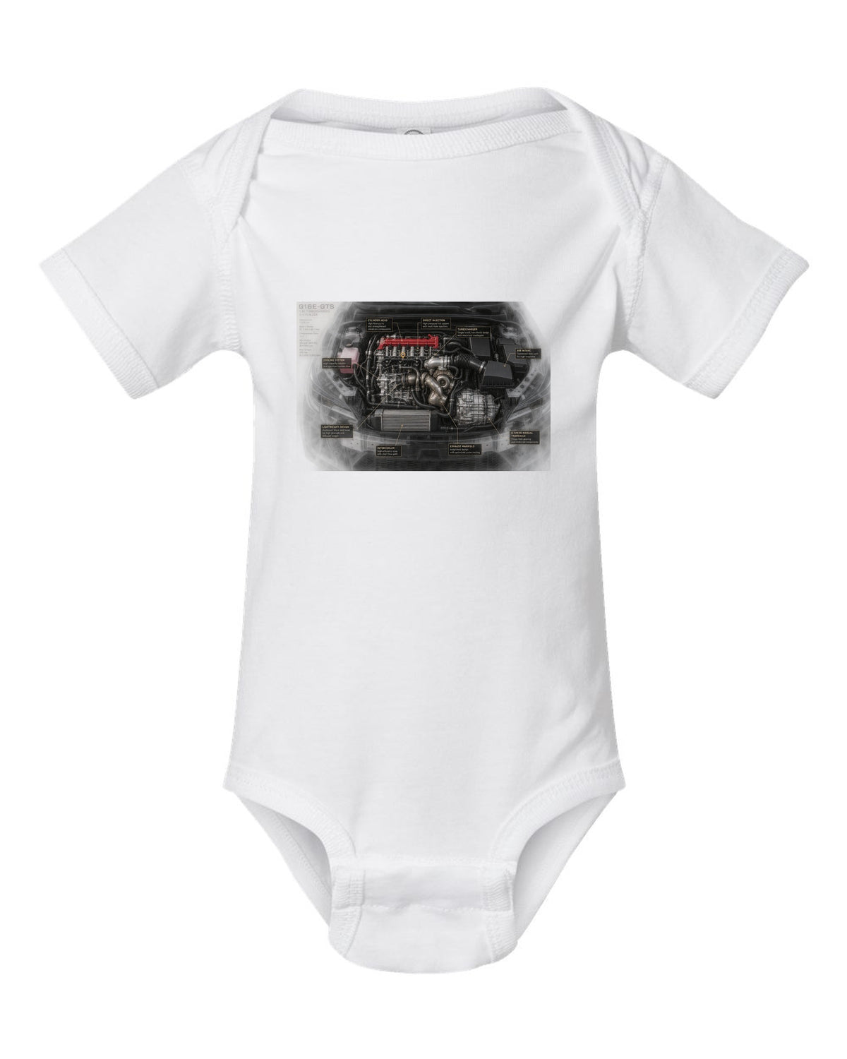 GR Corolla Circuit Edition Aero Callouts Graphic Tee white baby onesie front view with the design