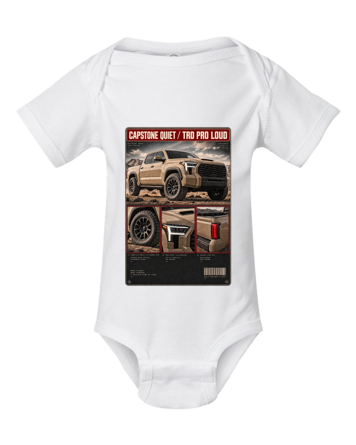 Toyota Tundra TRD Pro CrewMax dossier panel design white baby onesie front view with the design