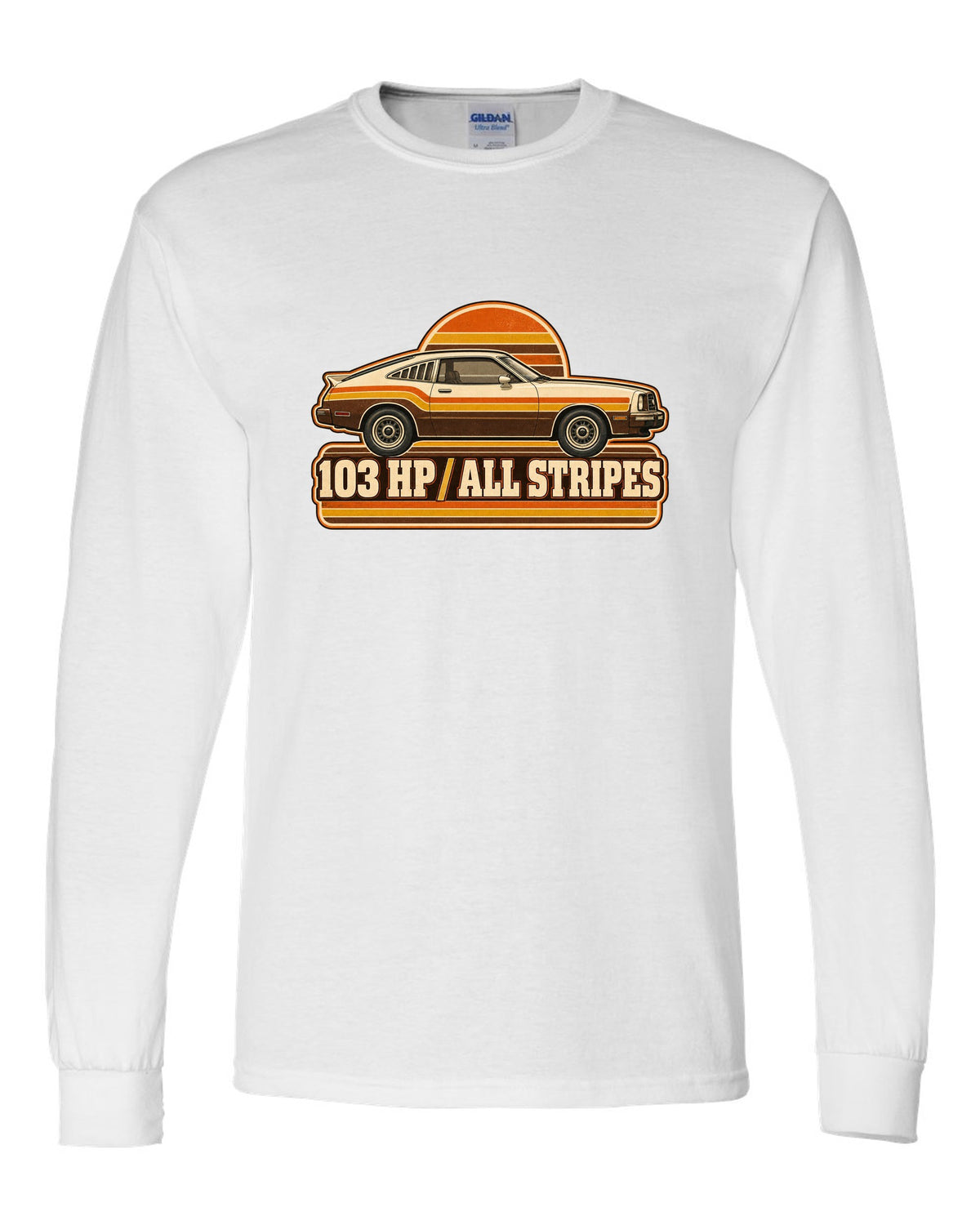 Vintage 70s race poster print of a 1976 Ford Mustang II fastback with stripes white long sleeve front view with the design