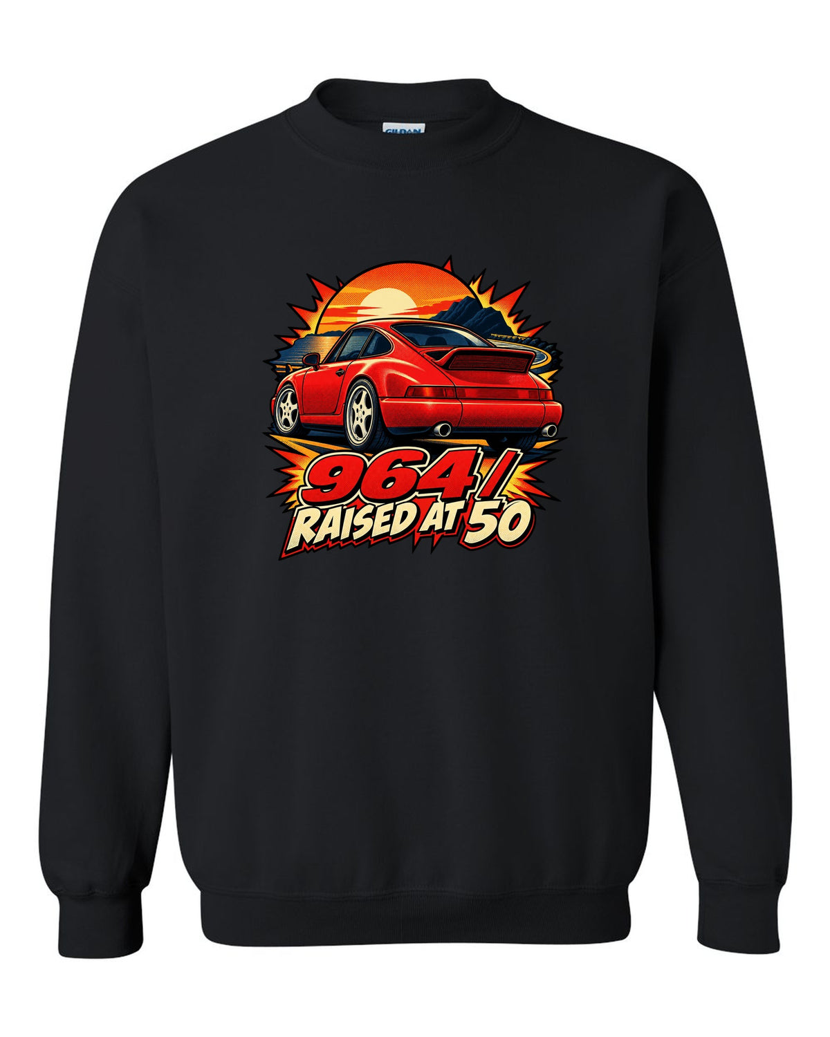 Comic dot-ink illustration of a Porsche 911 Carrera 964 with its spoiler raised black crewneck front view with the design