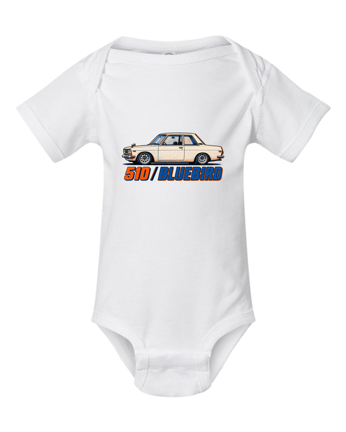 Risograph box print of the Datsun 510 Bluebird with 510 Bluebird lettering white baby onesie front view with the design