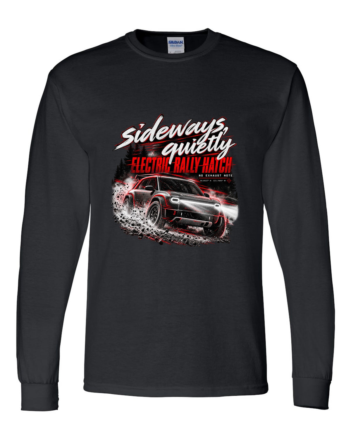 Rivian R3X 2027 sliding on a night touge with the text sideways quietly, electric rally ch black long sleeve front view with the design