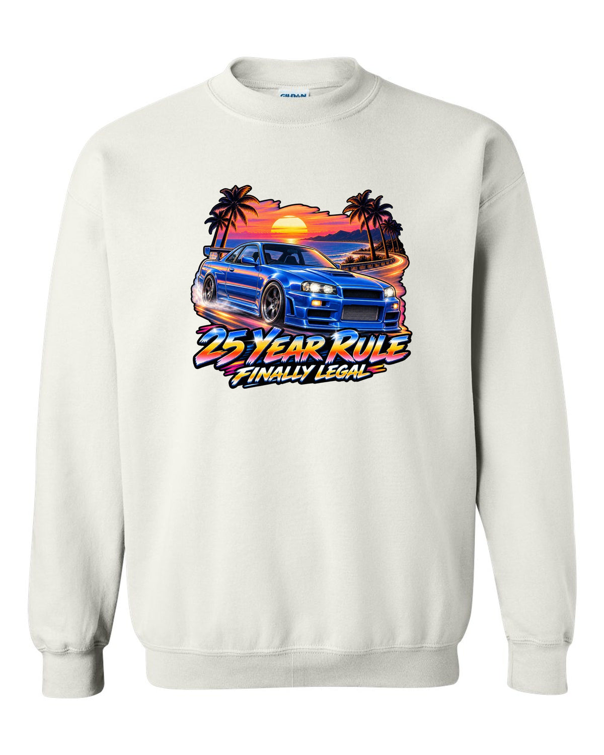 Retro airbrush sunset poster print of a Nissan Skyline GT-R R34 BNR34 with 25 year rule text white crewneck front view with the design
