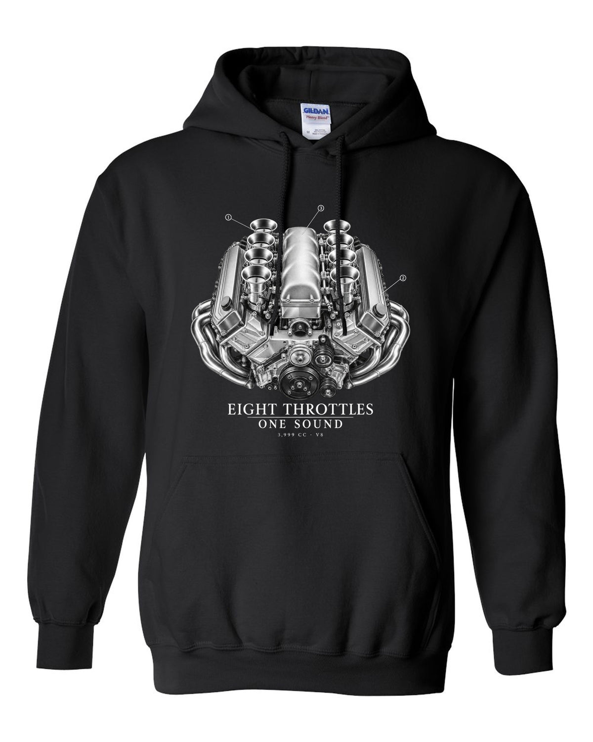 BMW E92 M3 S65 V8 engine illustration print with eight throttles lettering black pull over hoodie front view with the design