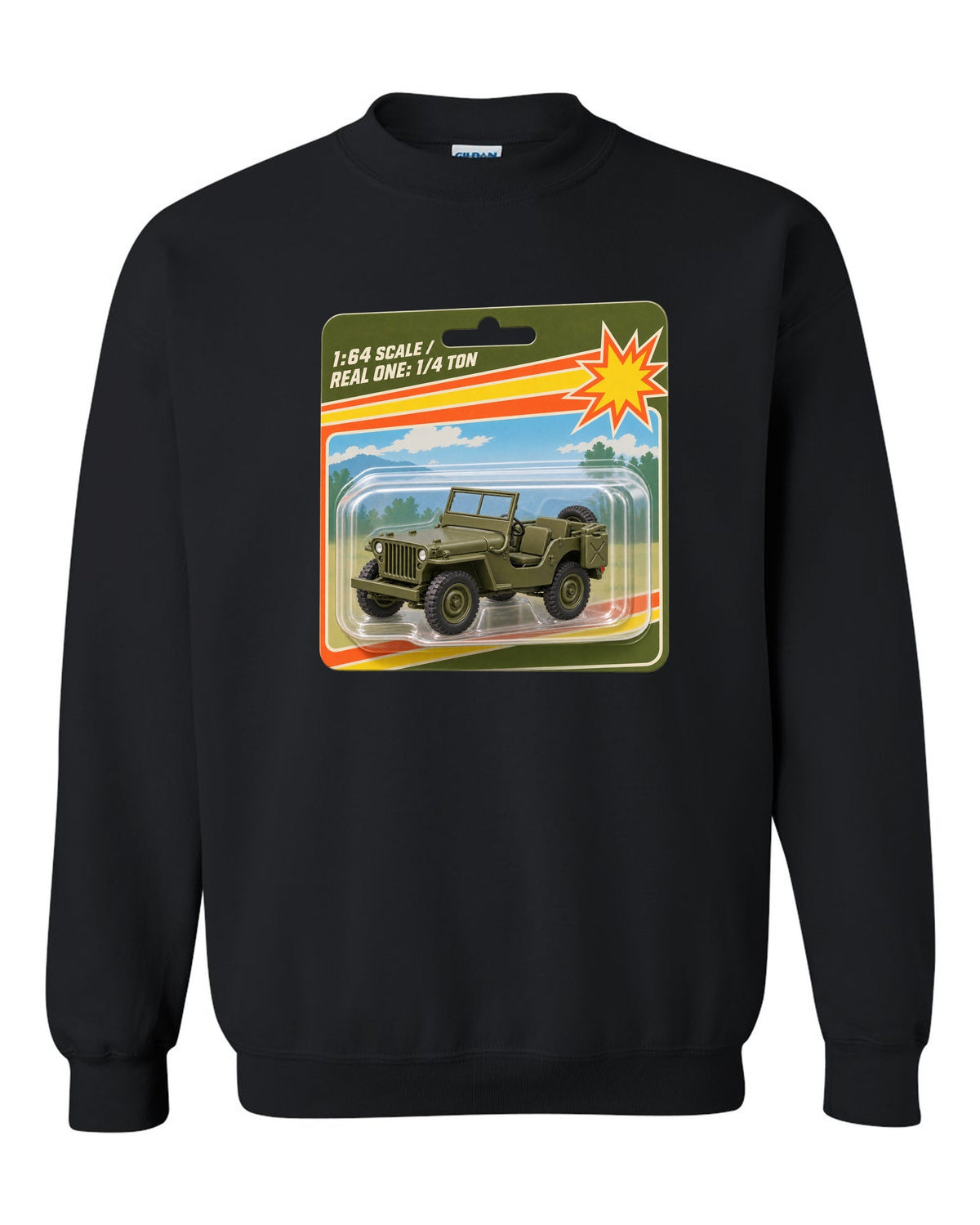 Toy blister card style print of a Willys MB with 1:64 scale text black crewneck front view with the design
