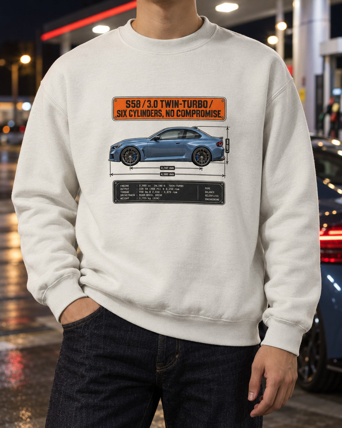 BMW M2 G87 Dimension Blueprint Tee, S58 Six-Cylinder Car Shirt Crewneck White worn hero
