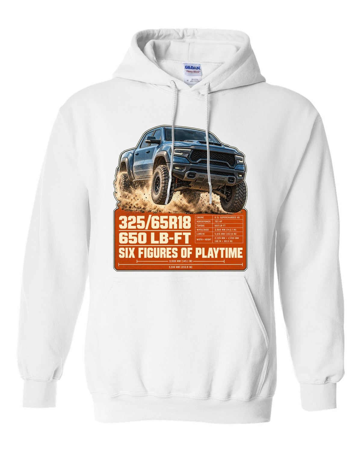 Ram 1500 TRX spec poster with tyre size and torque print white pull over hoodie front view with the design
