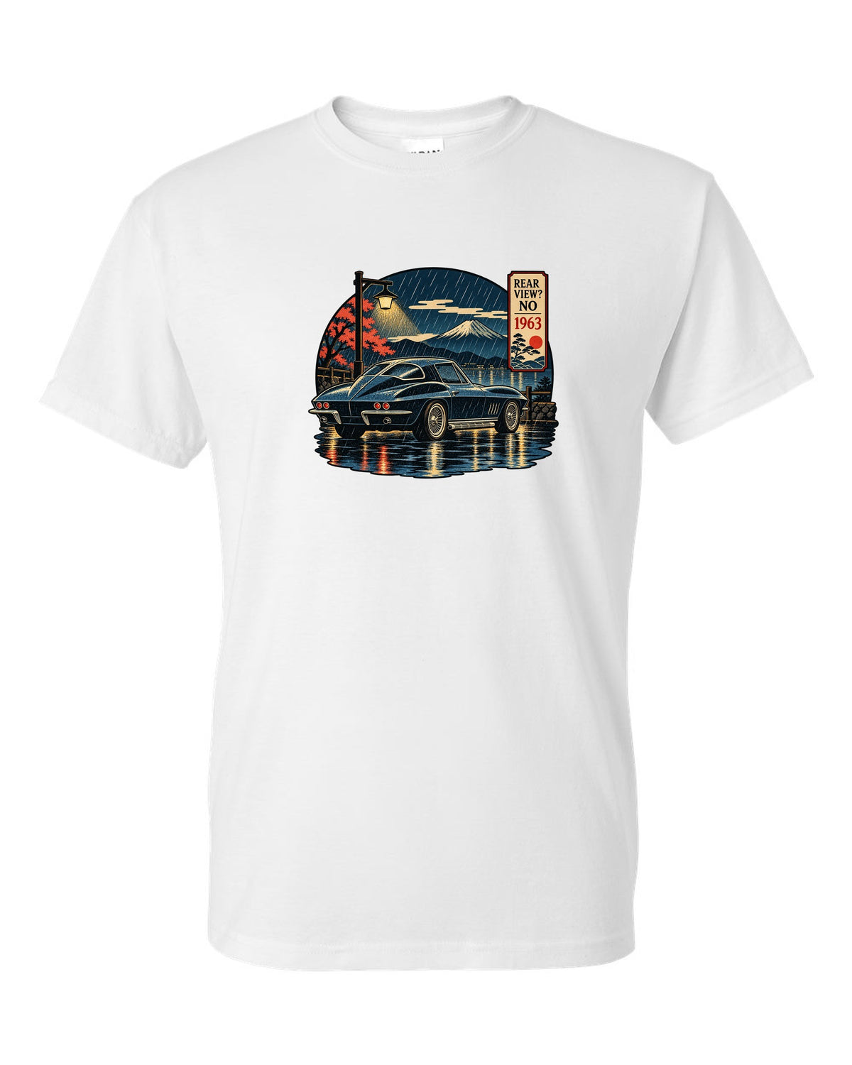 Ukiyo-e woodblock style print of a 1963 Chevrolet Corvette C2 Sting Ray coupe on a rainy night white t-shirt front view with the design