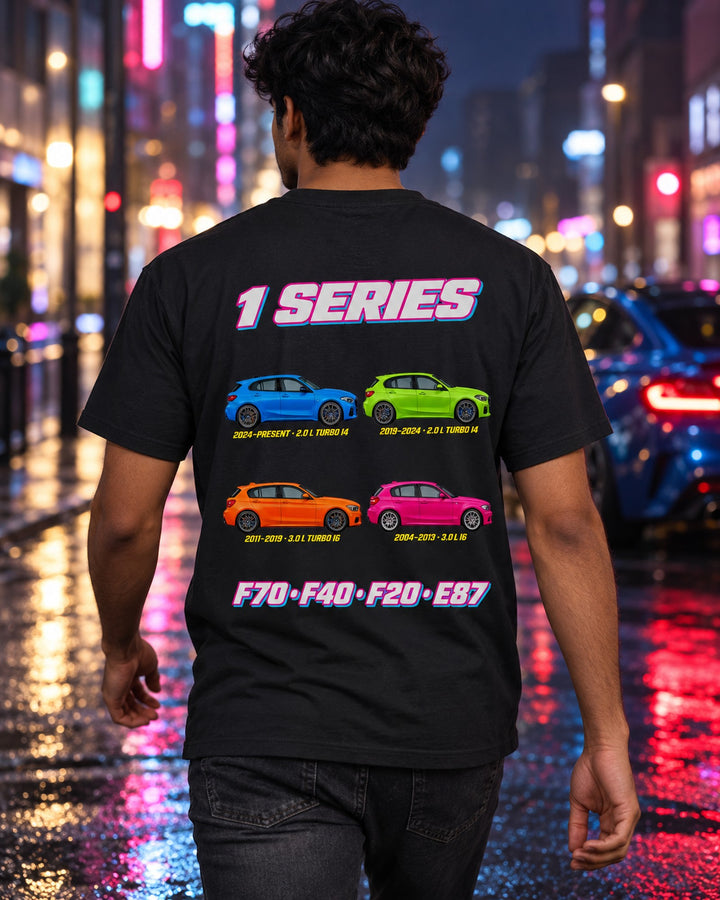 BMW 1 Series Evolution Poster Full-Back Graphic Tee T-Shirt Black worn hero