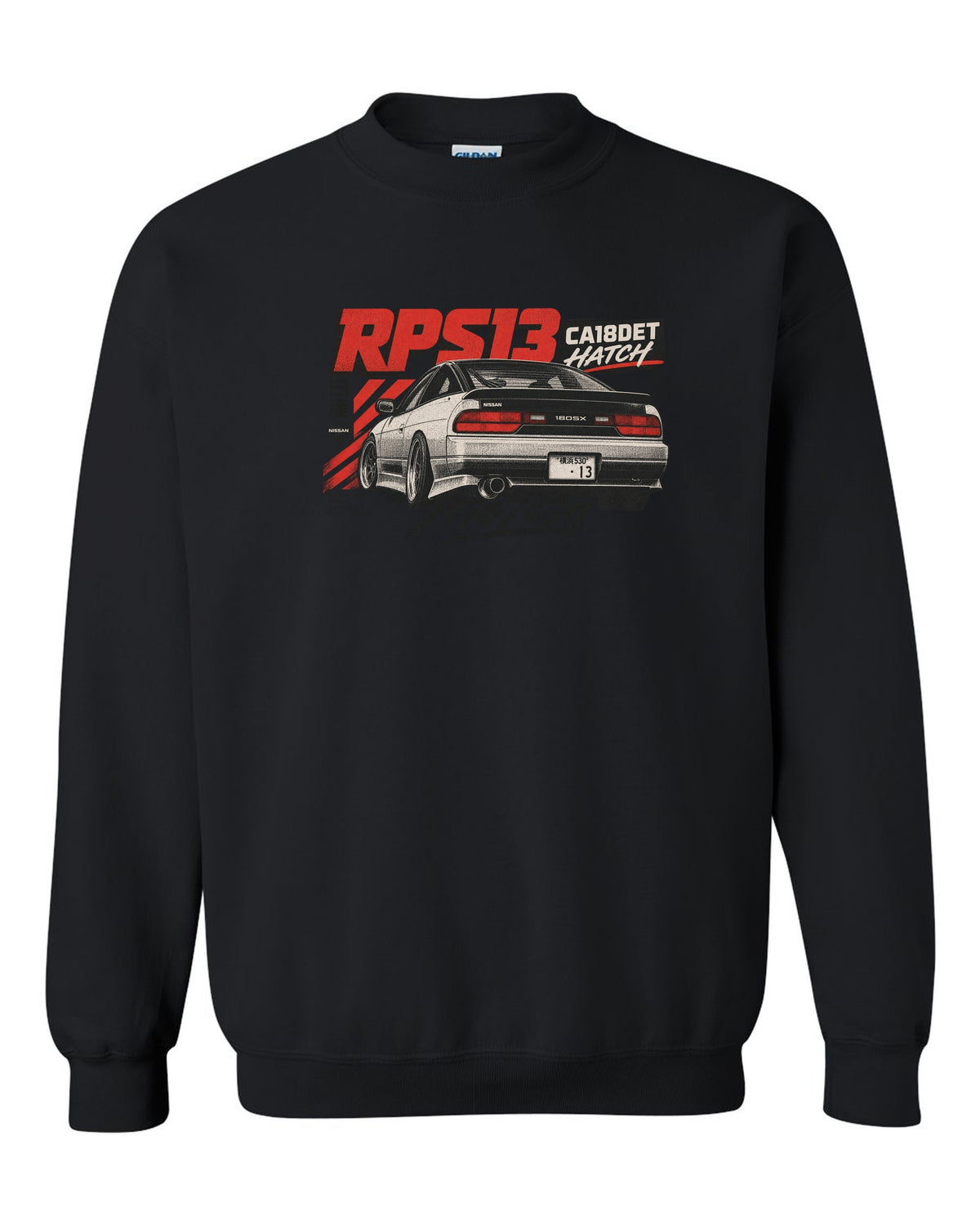 Risograph three-colour rear view print of a Nissan 180SX RPS13 ch with CA18DET text black crewneck front view with the design