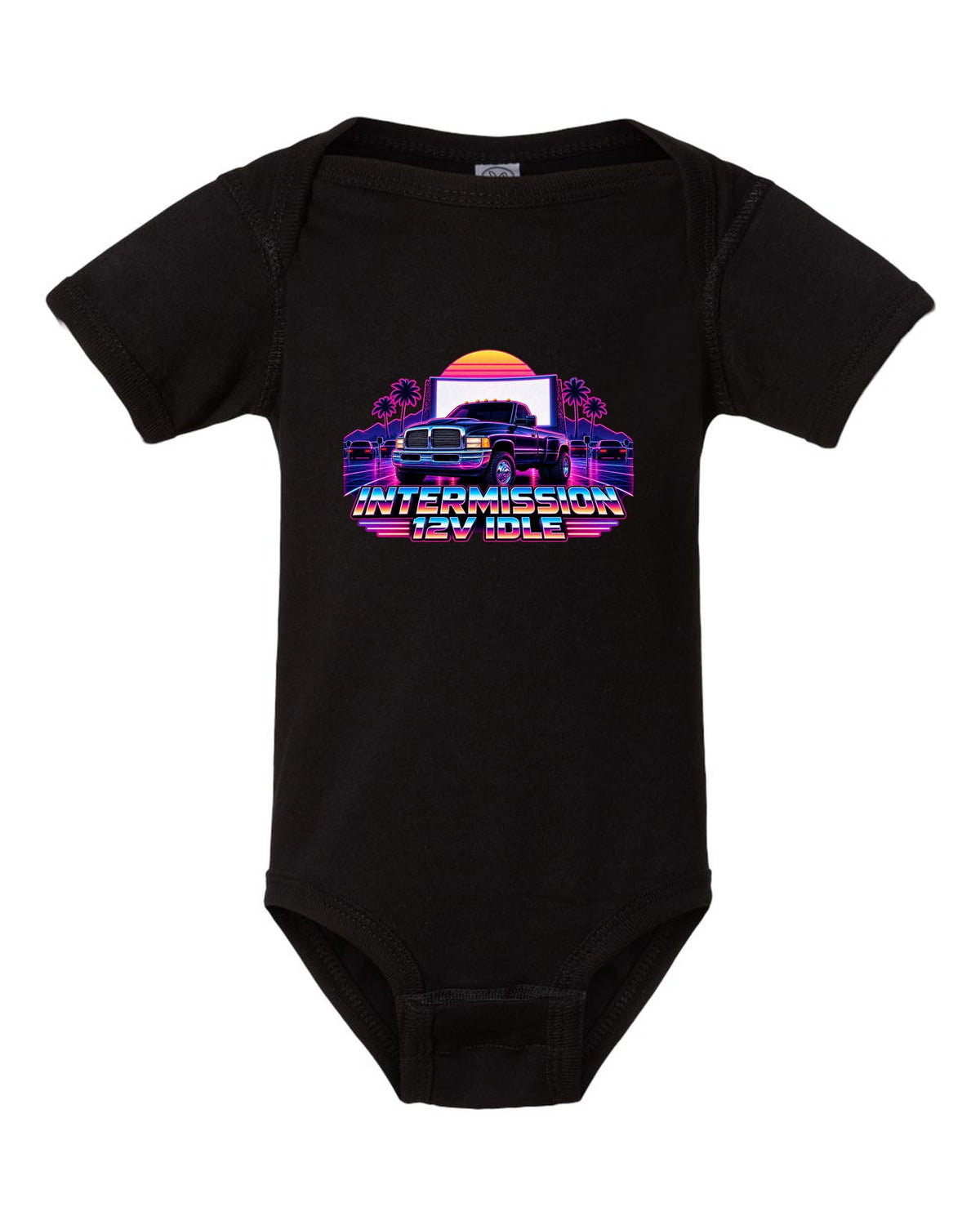 Neon synthwave grid print of a 1994-1998 Dodge Ram 2nd gen 12V with intermission 12V idle text black baby onesie front view with the design