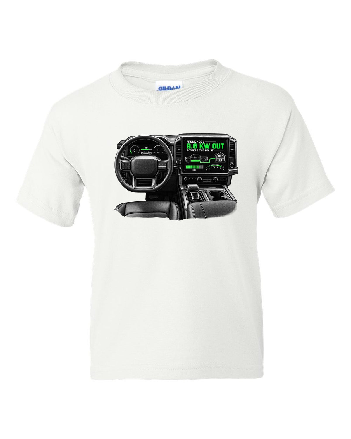 Ford F-150 Lightning 2022 interior centre screen crop with frunk readout white kids tee front view with the design